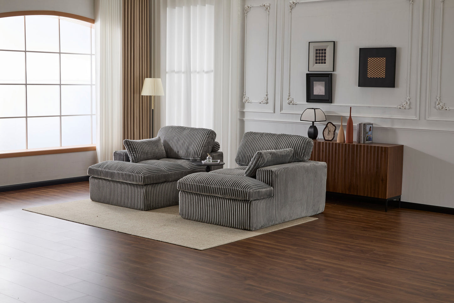 NEW Indoor Grey Corduroy Oversized Upholstered Double Chaise Lounge Chair Oversized Upholstered Sleeper Cloud Couch Deep Seat Luxury Sectional Sofa Bed Chaise Lounge