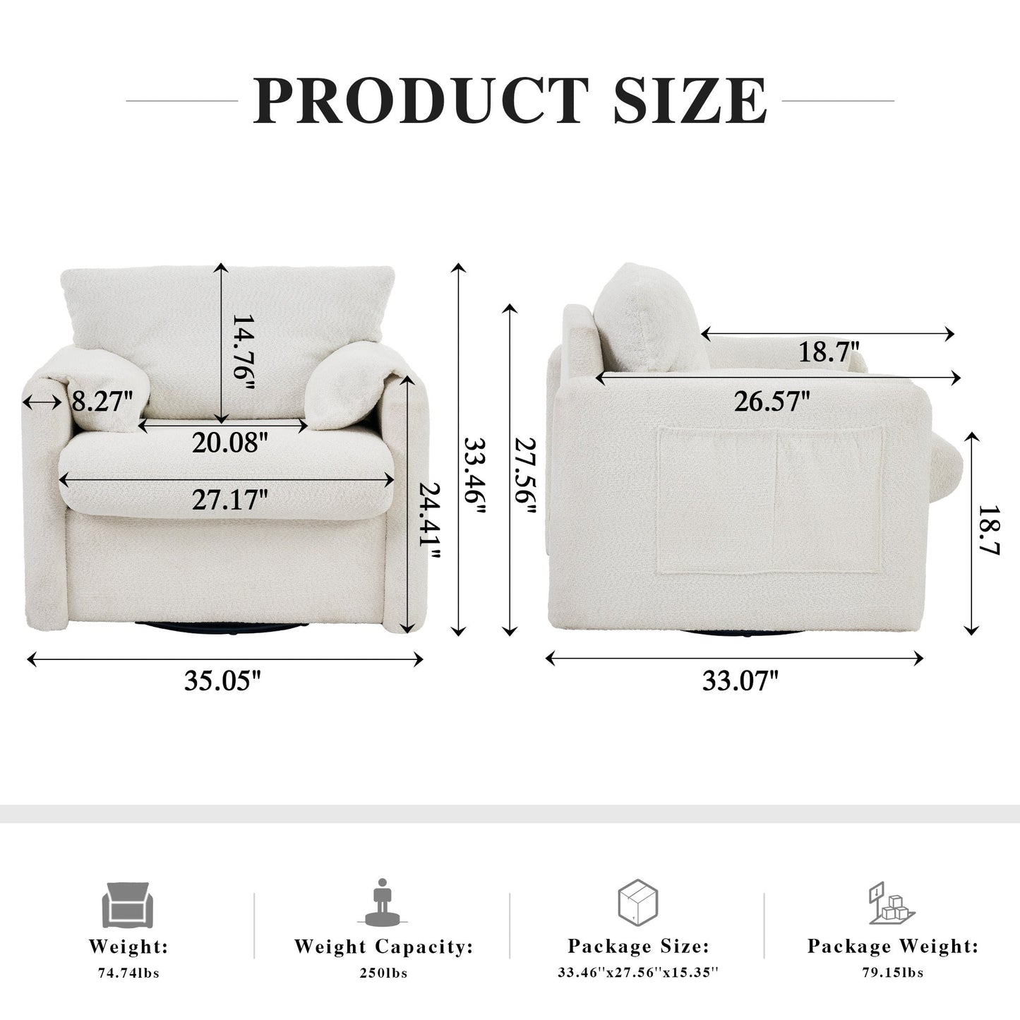 NEW Ivory White Swivel Ergonomic Reading Rotating Modern Single Seat Lounge Accent Chair with Chenille Fabric & High-Resilience Cushion