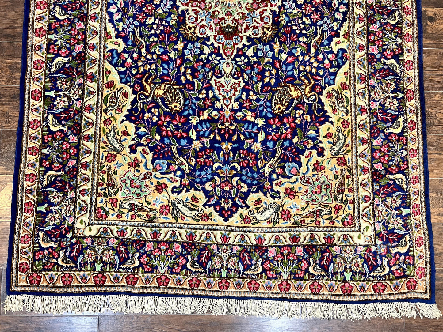 USED Persian Kirman Rug 6x9, Floral Medallion Vintage Wool Handmade Carpet 6 x 9, Animal Pictorials Birds, Semi Antique, Navy Blue, Millefleur