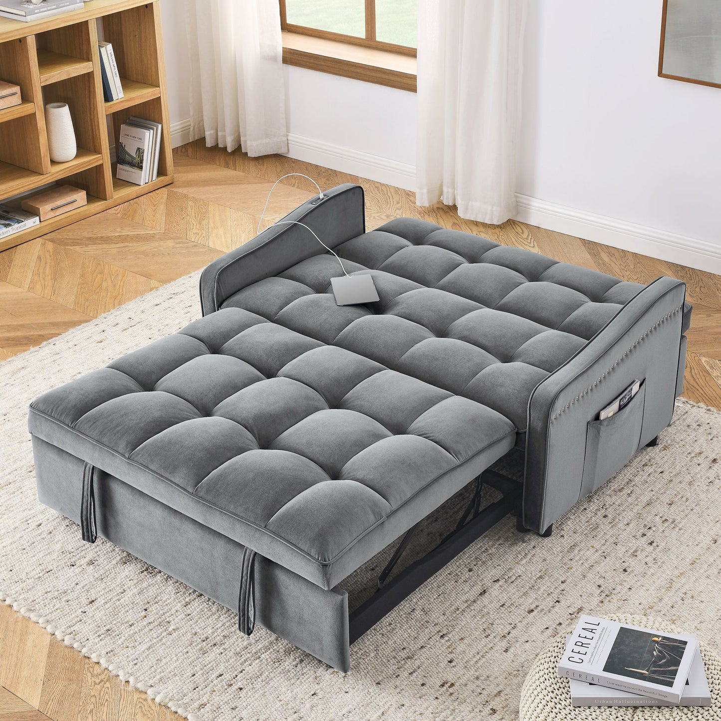 NEW Grey Copper Nail Loveseat Sofa Bed with Pull-out Bed Adjustable Back and Two Arm Pocket TypeC USB Charging