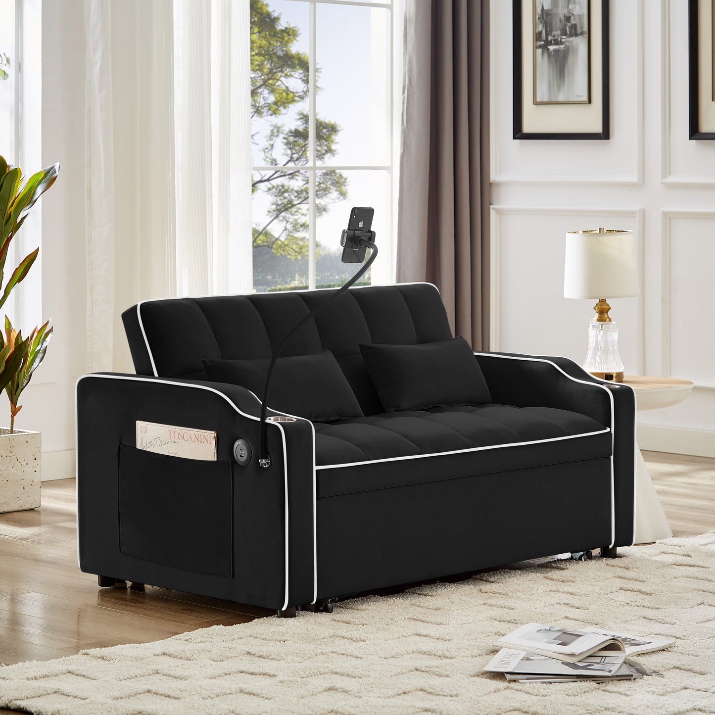 NEW 1 versatile foldable sofa bed in 3 lengths, modern sofa sofa sofa velvet pull-out bed, adjustable back and with USB port and ashtray and swivel phone stand (black)
