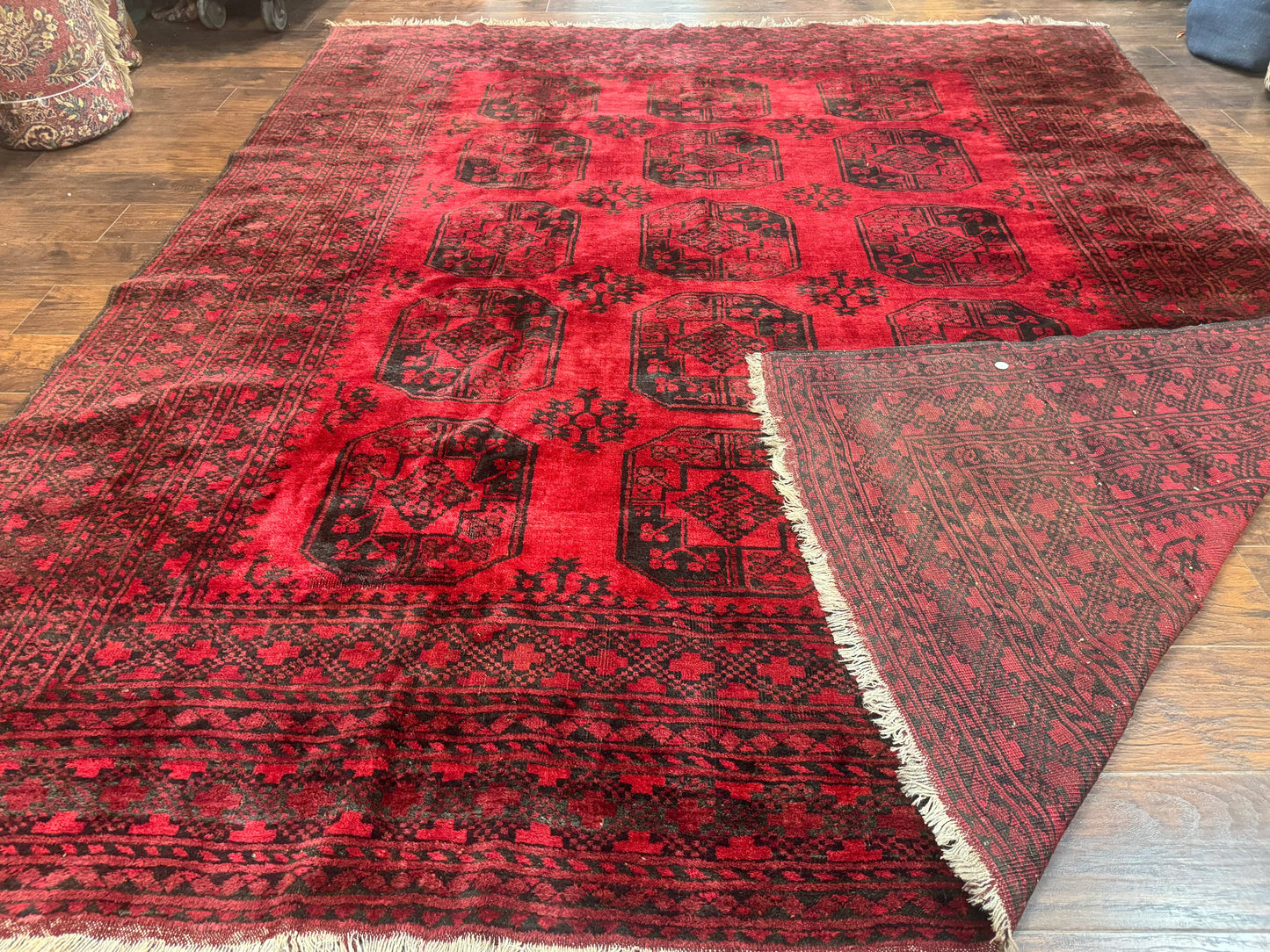 USED Afghan Turkoman Rug 9x10, Red Beshir Carpet, Tribal, Wool, Antique
