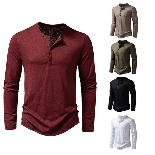 New Men's Long-sleeved T-shirt Fashion Casual Solid Color Pullover Button Top Autumn And Spring Clothing