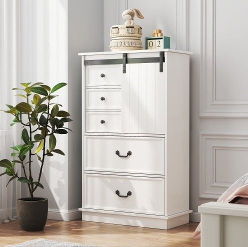 NEW 51'' Farmhouse Drawer Chest With Sliding Door, Multi-Storage Drawer Dresser With 5 Drawers And Storage Shelf, Tall Chest Of Drawers With Adjustable Shelves For Bedroom, Living Room