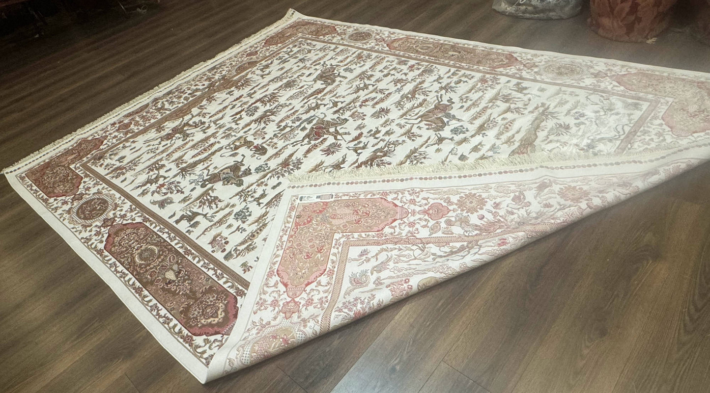 USED Large Turkish Silk Rug 8x10, Ivory, Hunting Design, Bamboo Silk, New