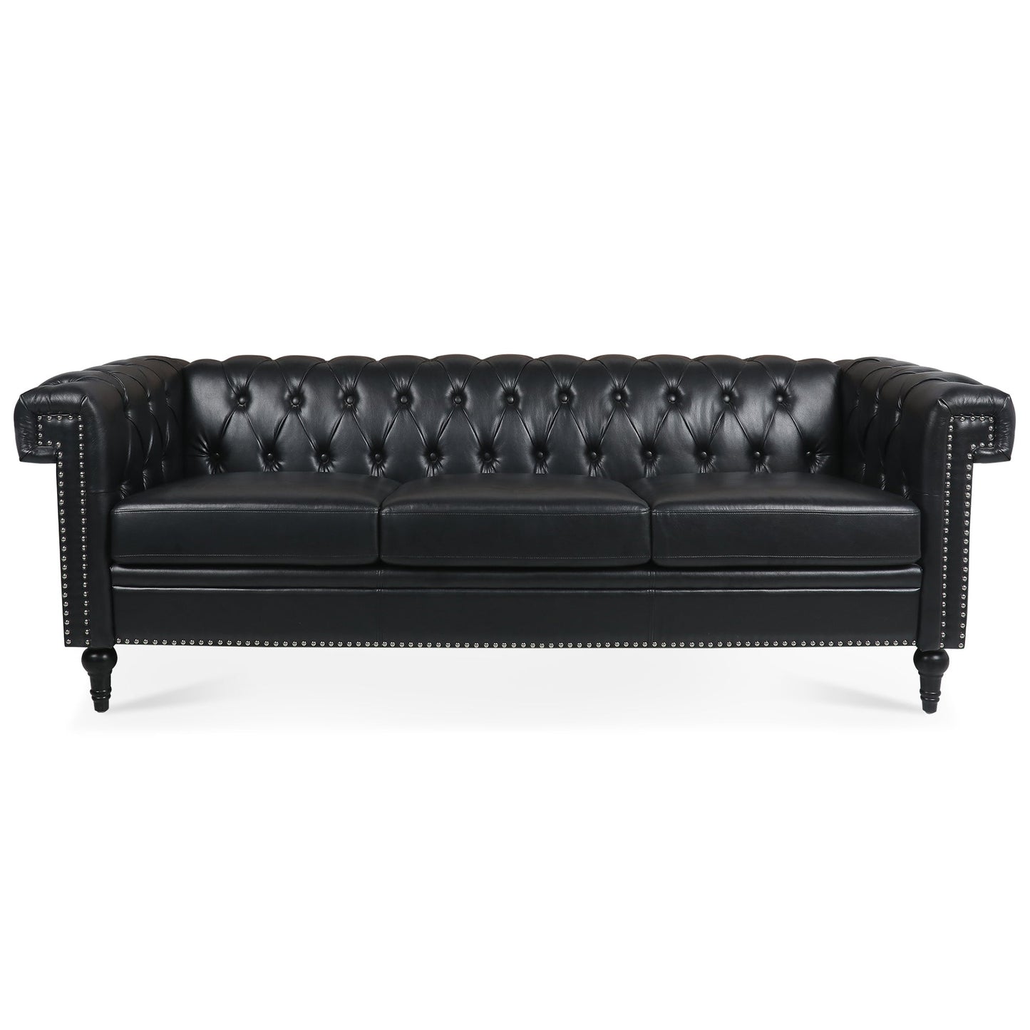 NEW Traditional Black PU 3-Seater Sofa Couch with Removable Cushions and Birch Legs