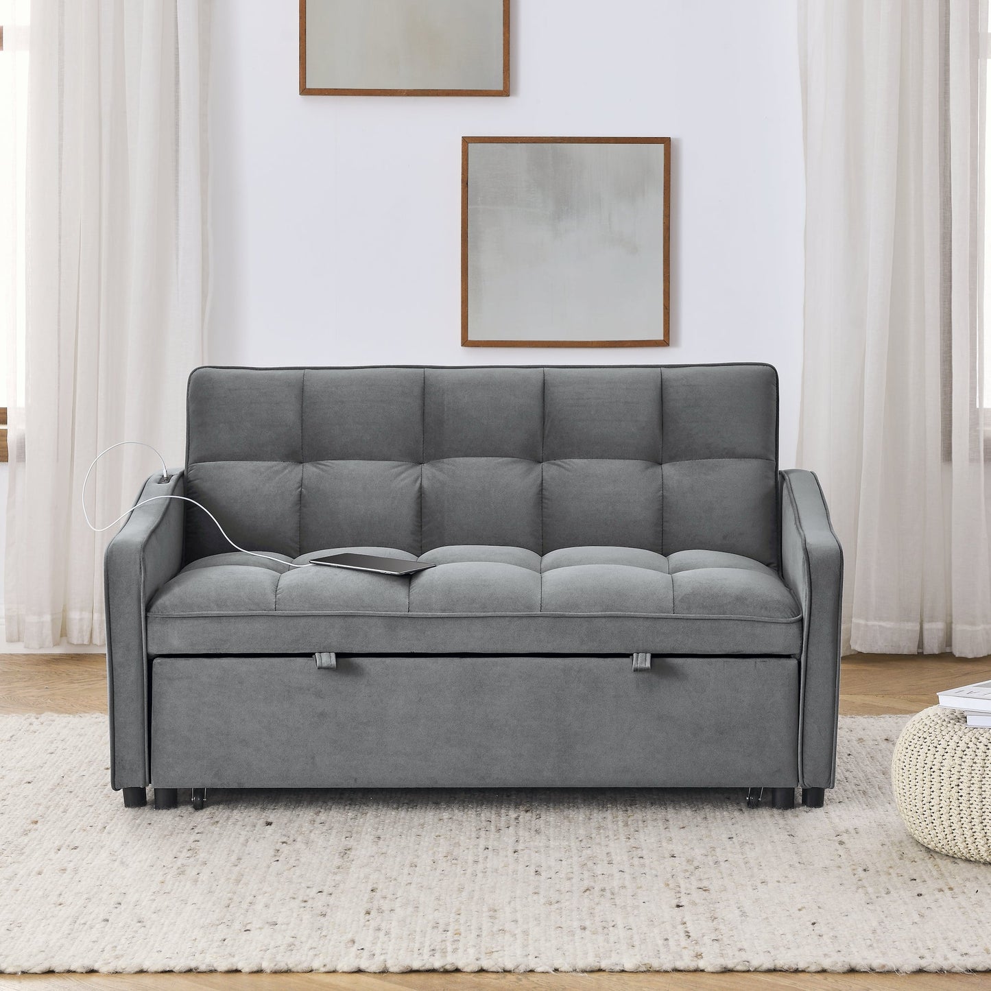 NEW Grey Copper Nail Loveseat Sofa Bed with Pull-out Bed Adjustable Back and Two Arm Pocket TypeC USB Charging