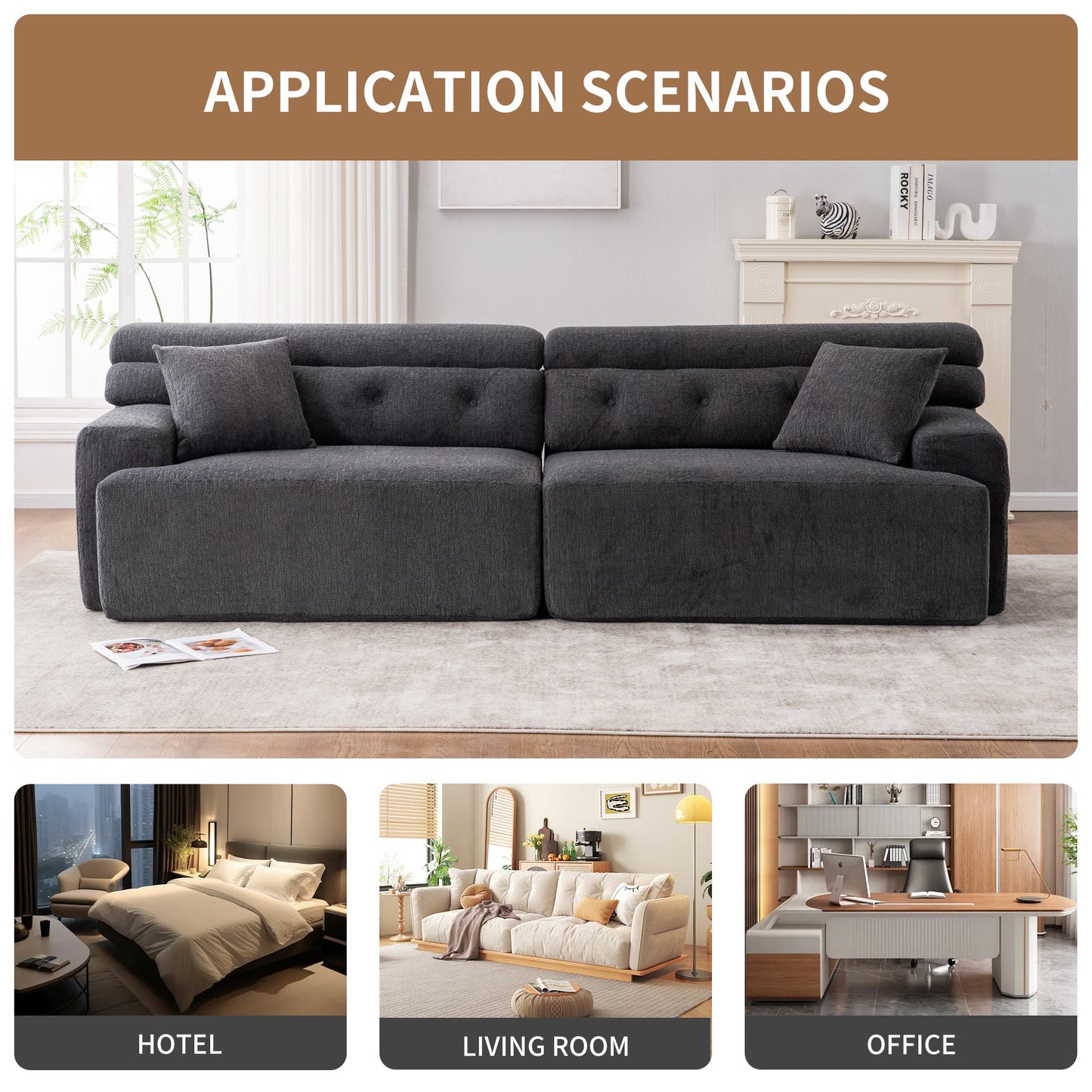 NEW LY-029 Gray 4-Seater Wood Grain Chenille Fabric Full Sponge Compression Sofa with 2 Pillows