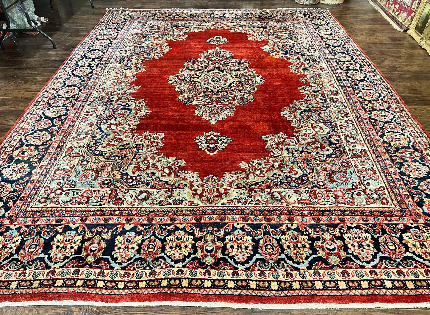 USED Persian Sarouk Rug 11x14, Semi Open Field, Large Antique Persian Wool Handmade Carpet, Red and Dark Blue, Floral