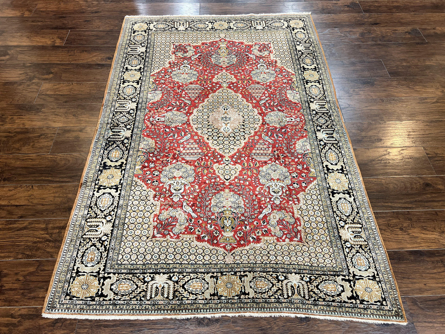 USED Wonderful Persian Silk Rug 5x7, Birds Floral Vases, Red, Hand Knotted Silk Fine Oriental Carpet, Handmade Vintage, Persian Qum Rug, 400 KPSI