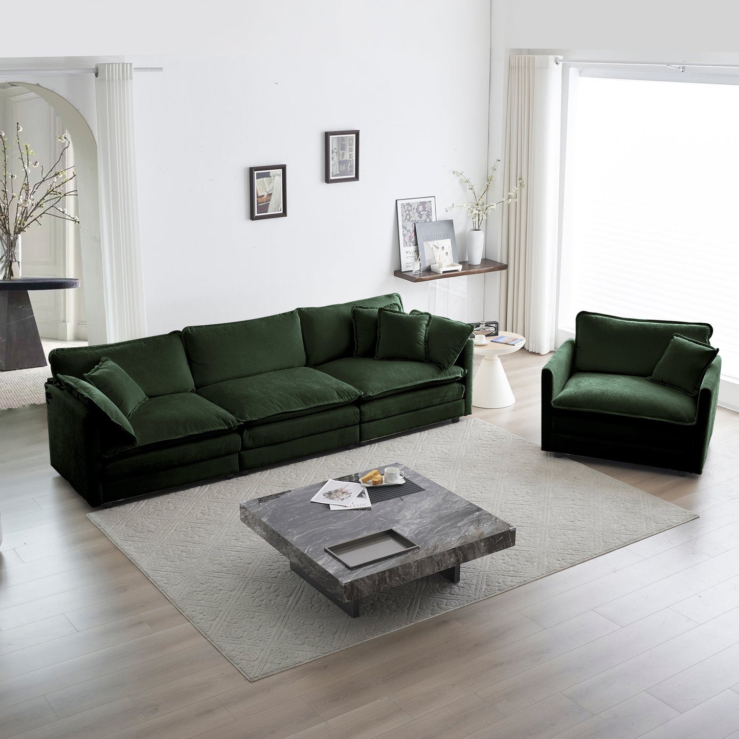 NEW Modern Green Chenille Deep Seat 2-Piece Upholstered Sectional Sofa Couch Set