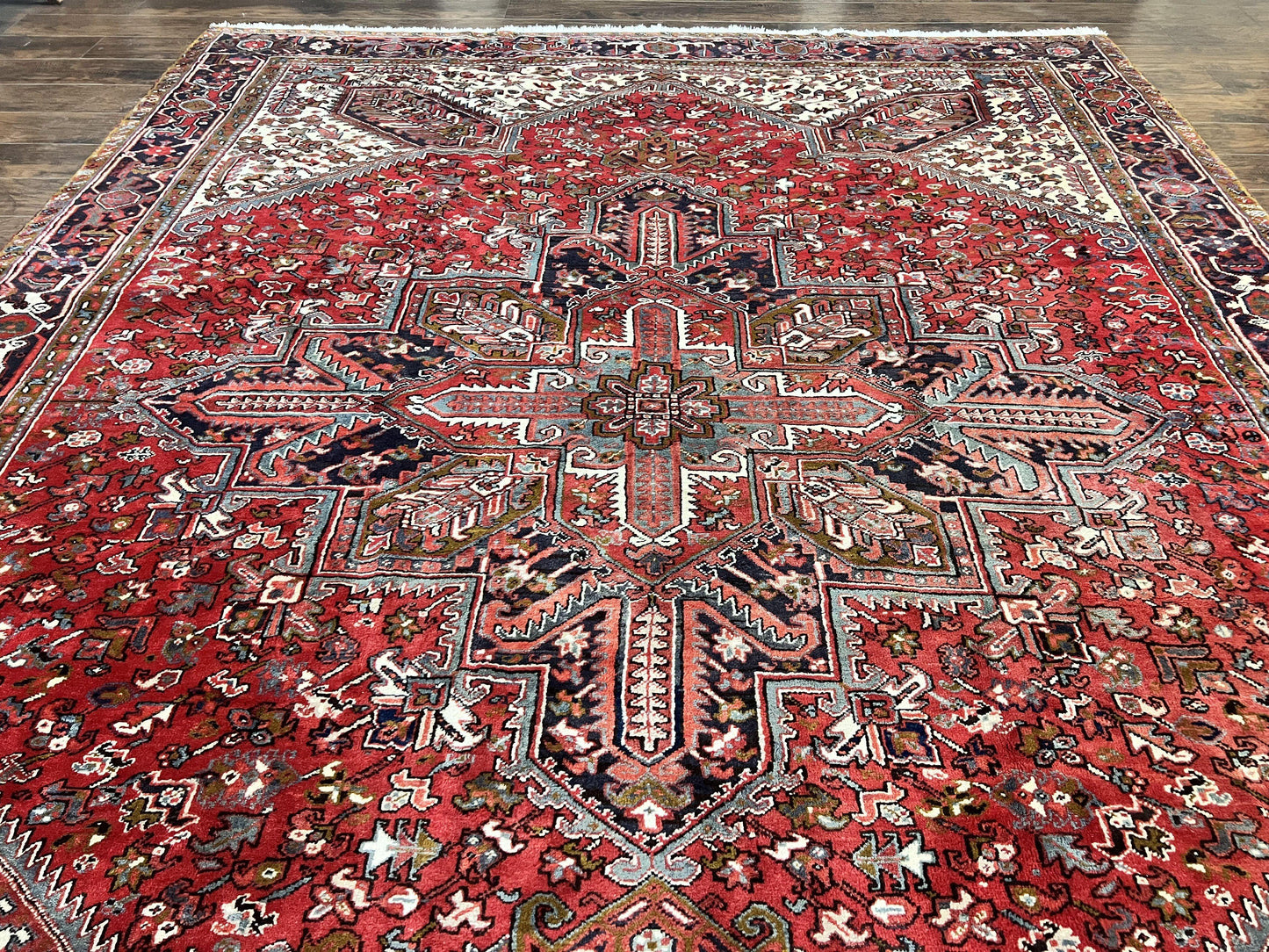 USED Large Persian Heriz Rug 10x13, Wool Hand Knotted Antique Carpet, Red and Ivory, Geometric Tribal Room Sized Rug, Decorative Oriental Rug