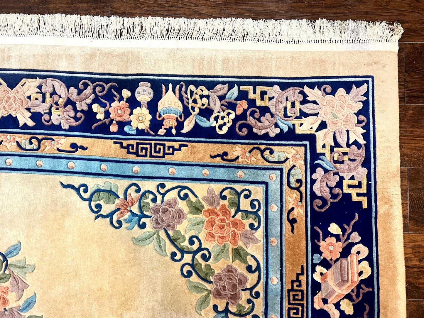 USED Chinese Wool Rug 8x11, Peking Asian Oriental Carpet, Cream/Ivory and Blue, Vintage Handmade Rug, Art Deco Rug