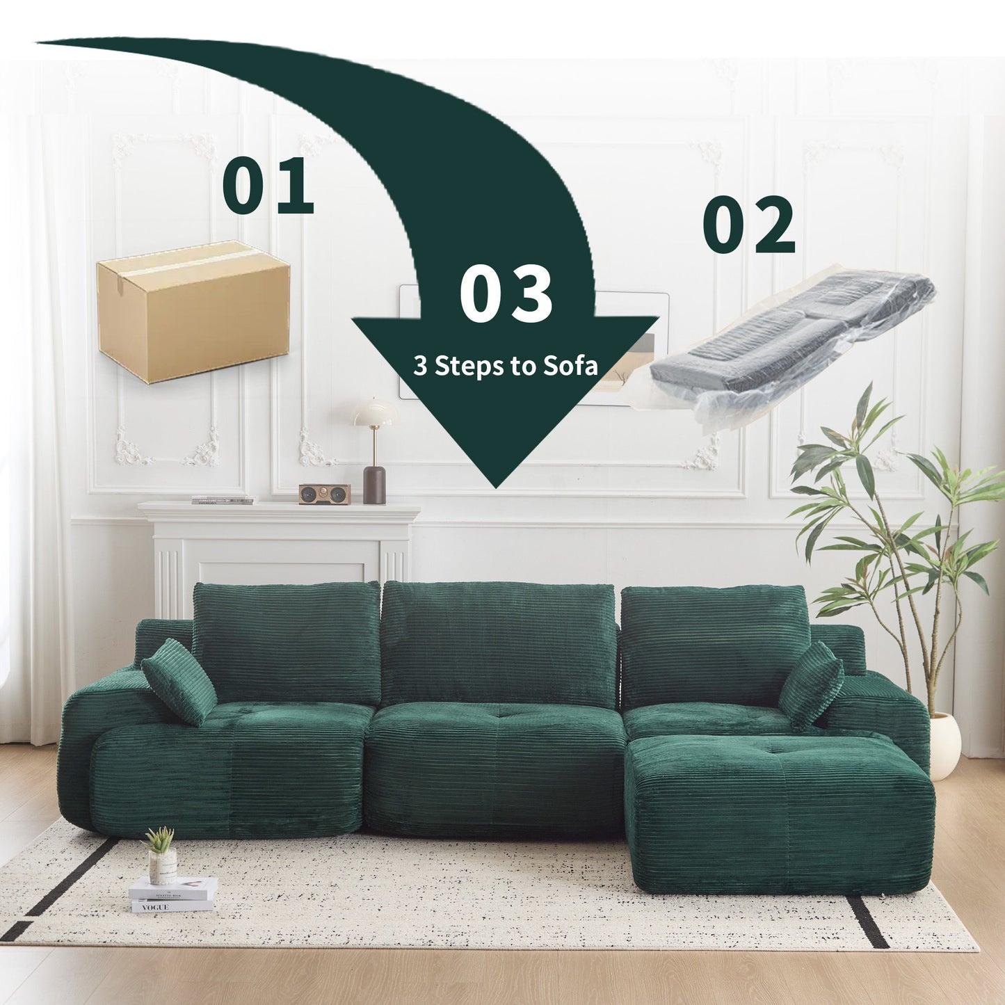 NEW Modern Memory Foam Compressed Sofa,Large Sectional Couches for Living Room,Pet-Friendly Cloud Modular Sectional Sofa,Corduroy Fabric,Extra Deep Loveseat,No assembly required,Green