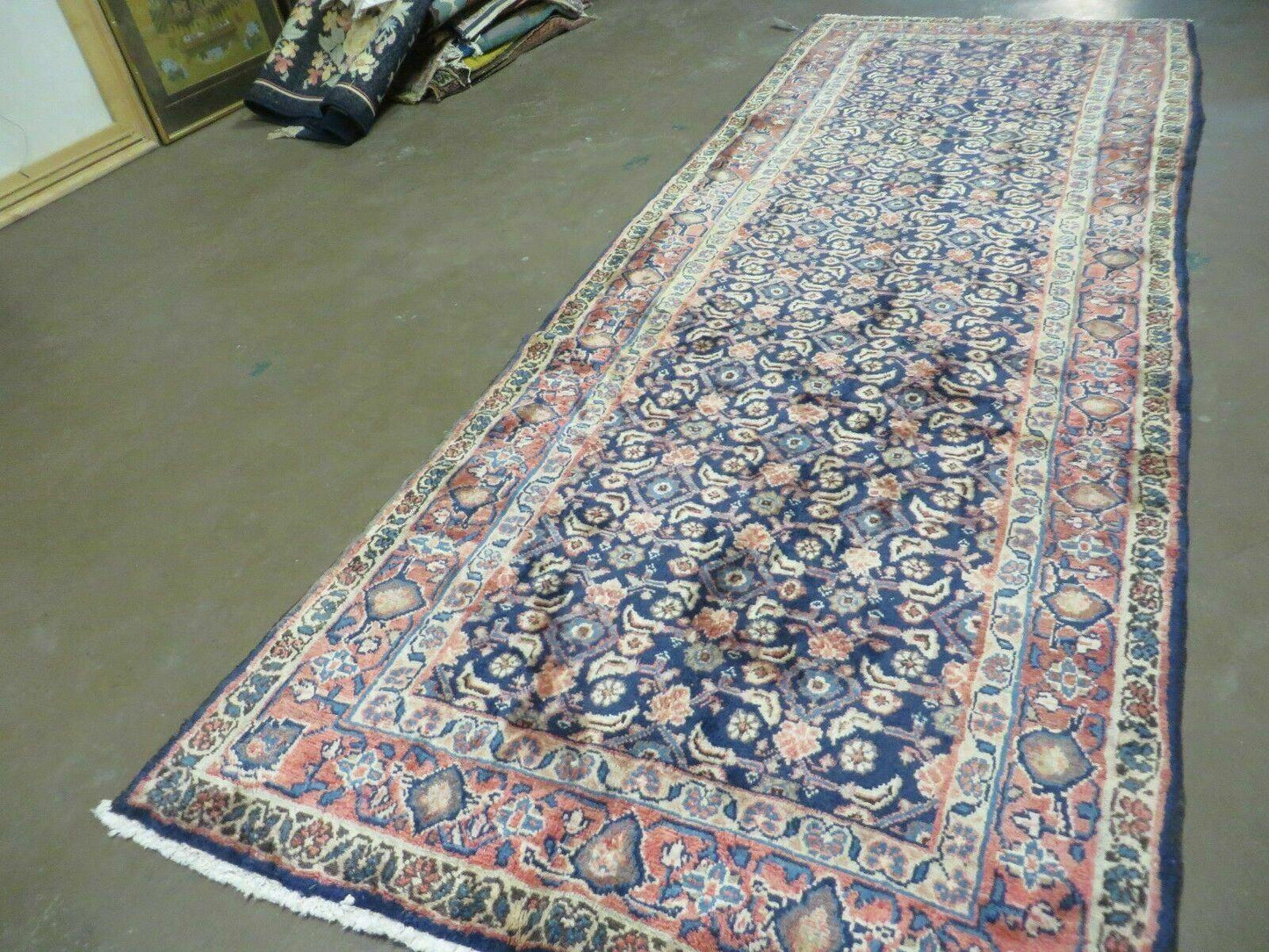 USED 3'7" X 10' Antique Handmade India Floral Oriental Wool Runner Rug Organic Blue