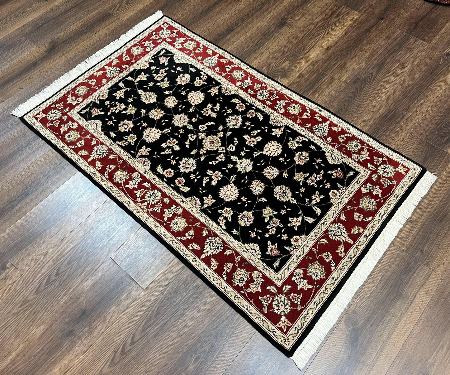USED Pak Persian Rug 3x5, Black and Red, Floral Allover, Vintage Hand Knotted Wool Oriental Carpet, Pakistani Rug, Small Handmade Area Rug 3 x 5