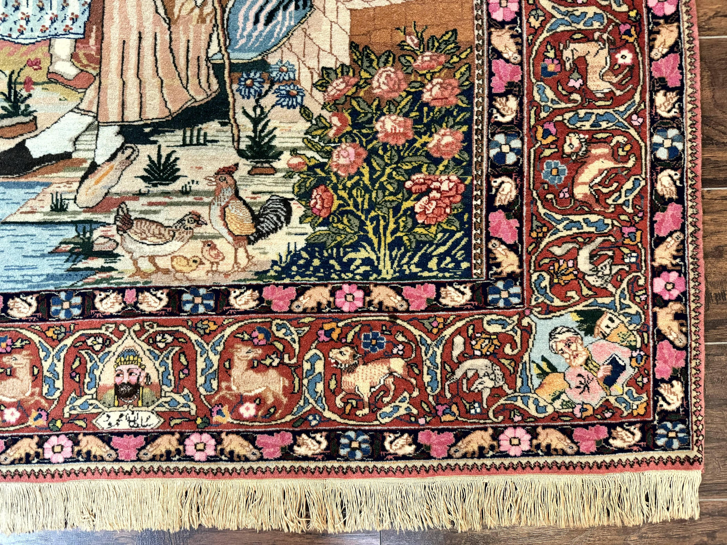 USED Wonderful Persian Kashan Pictorial Rug 4.7 x 6.5, Persian Rug for Wall Hanging, Handmade Antique Wool Carpet Animal Motifs Poetry Lovers, 240 KPSI