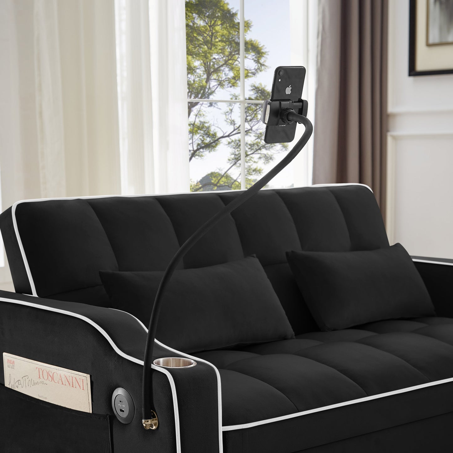 NEW 1 versatile foldable sofa bed in 3 lengths, modern sofa sofa sofa velvet pull-out bed, adjustable back and with USB port and ashtray and swivel phone stand (black)