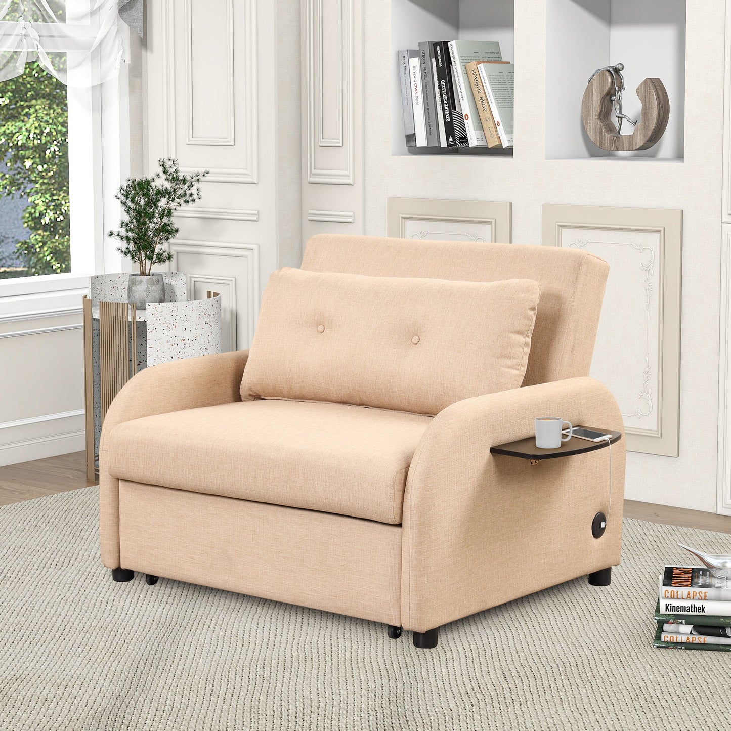 NEW Versatile Pull Out Sofa Sleeper 3 in 1 with Wing Table & USB Charge, Beige Linen, Compact Design