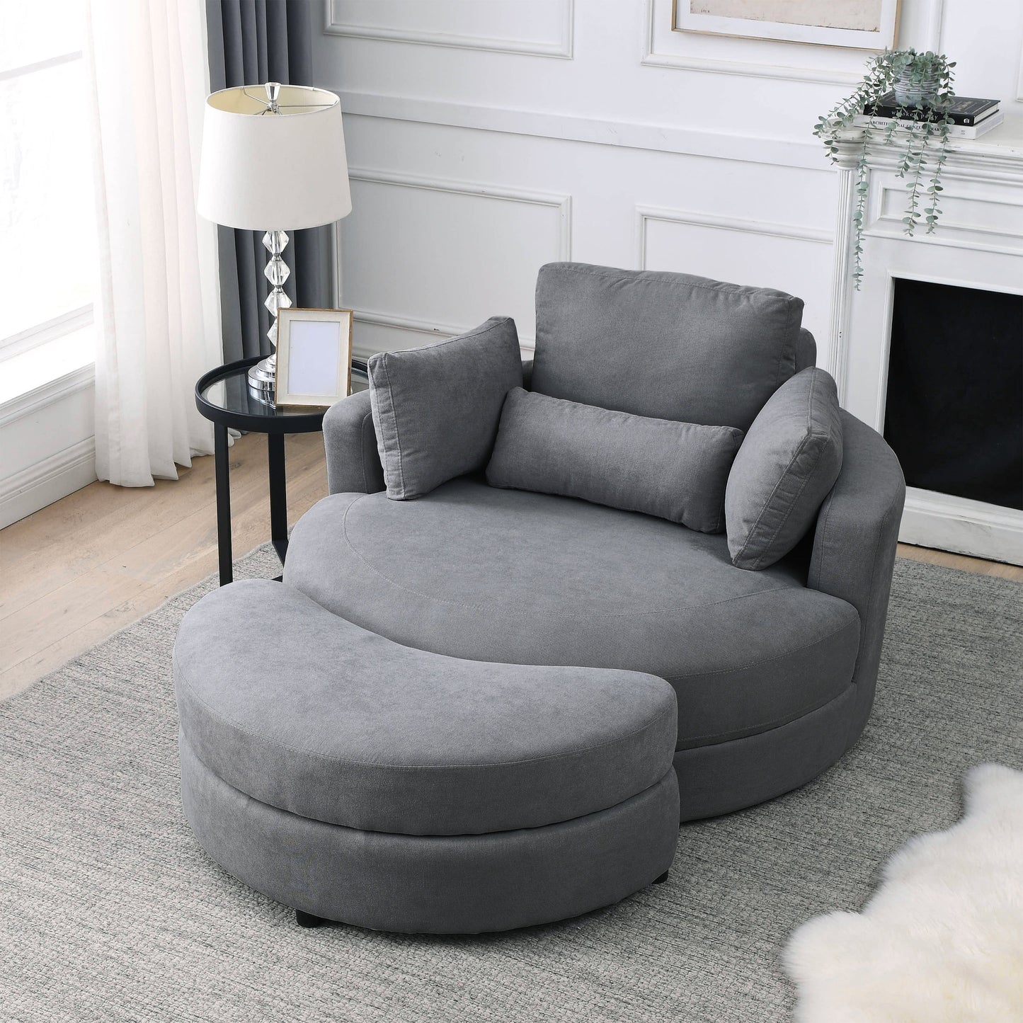 NEW Welike Swivel Accent Barrel Modern Dark Grey Sofa Lounge Club Big Round Chair with Storage Ottoman and Pillows
