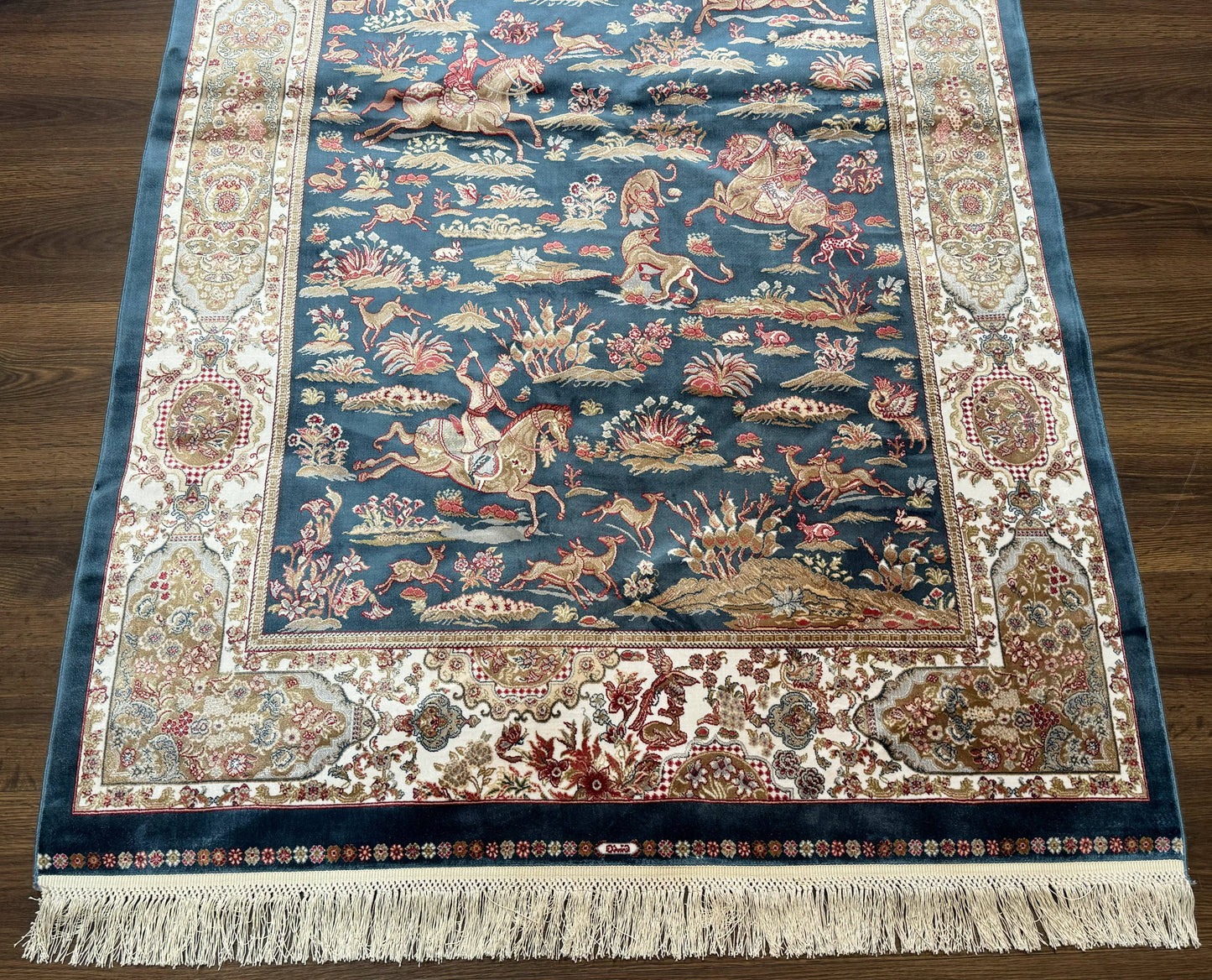 NEW Turkish Silk Hunting Design Rug 4x6, Dark Steel Blue & Ivory, Bamboo Silk