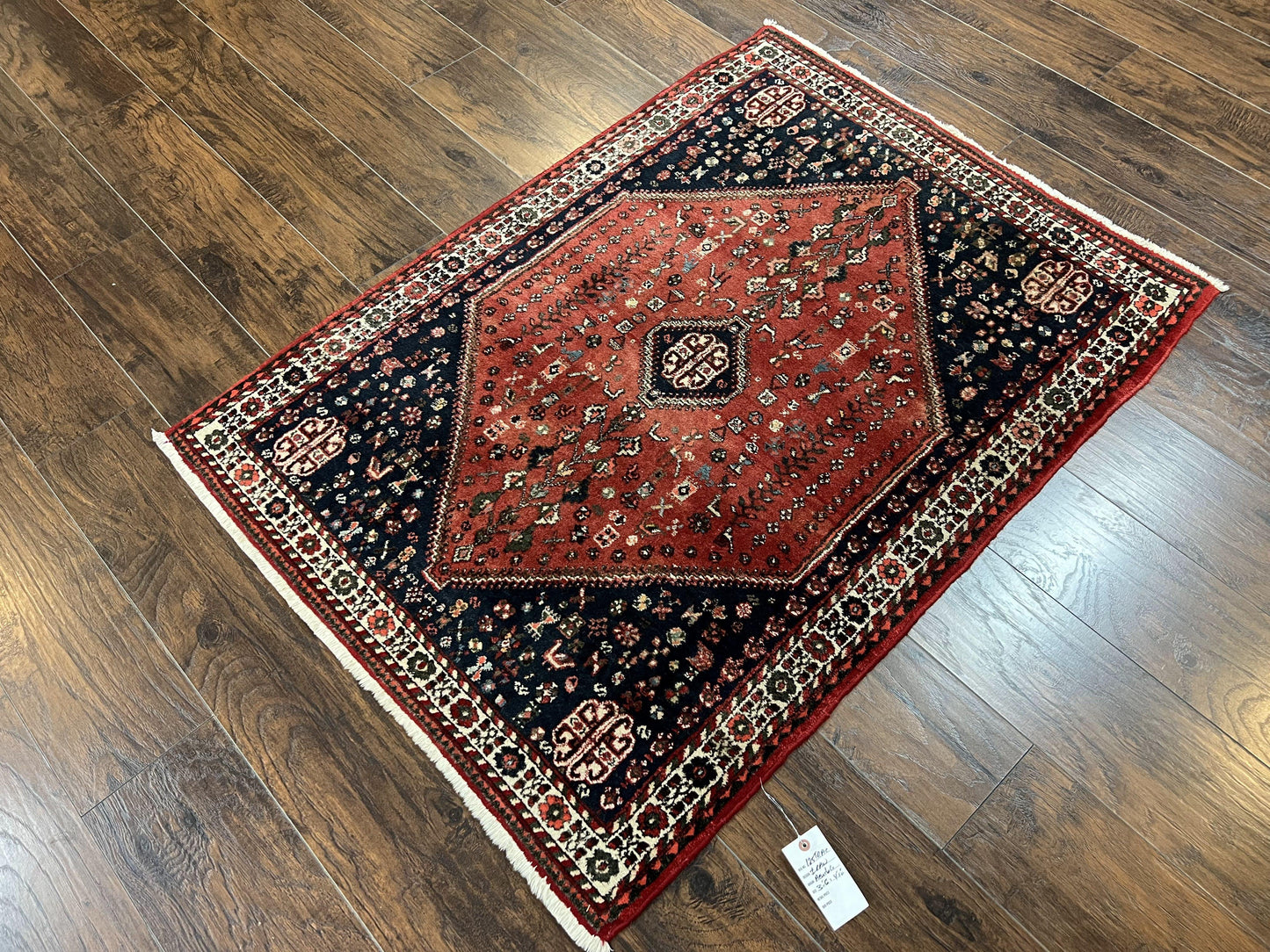 USED Persian Tribal Rug 3.6 x 5 ft, Persian Abadeh Rug, Geometric Medallion Bird Motifs, Red and Navy Blue Hand Knotted Handmade Wool Vintage Oriental Carpet
