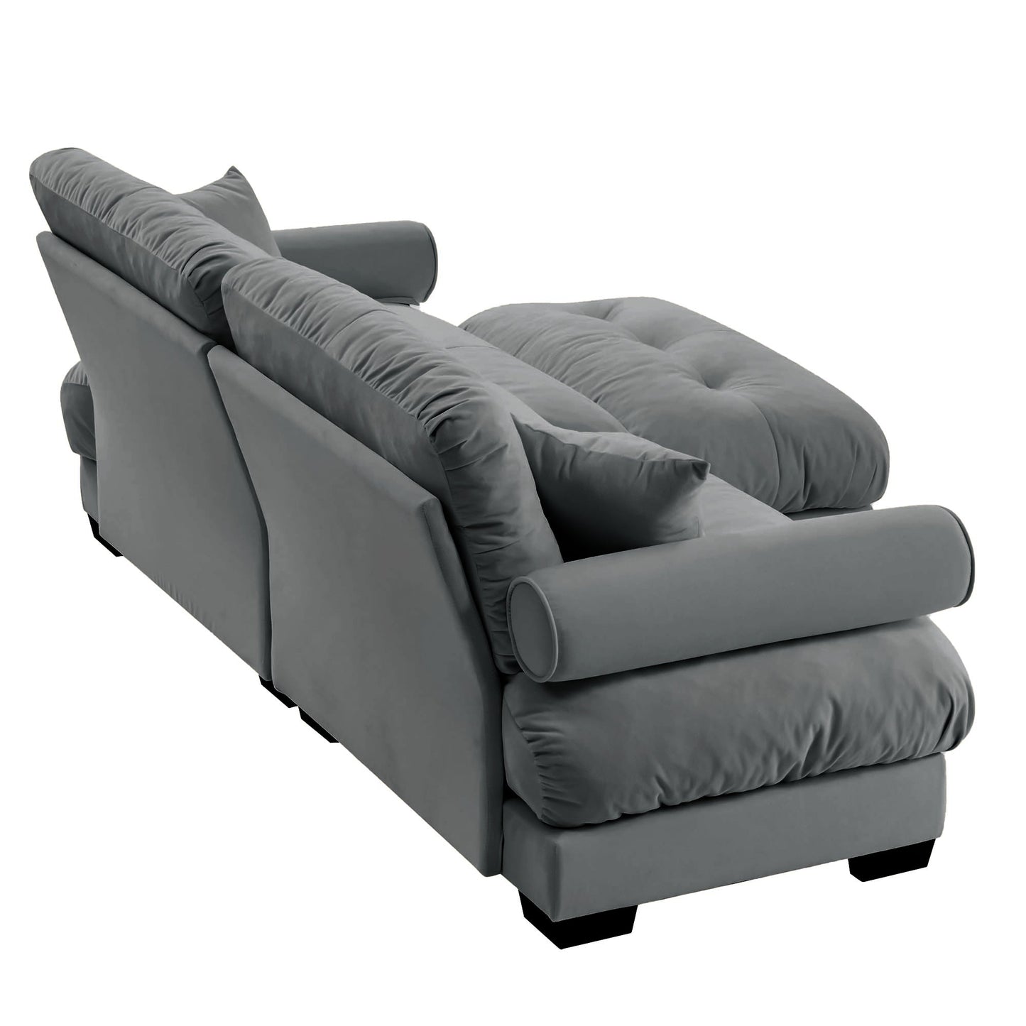 NEW Modern Grey Velvet Two-Seater Sofa with Ottoman and Round Bolster Armrests L Shape