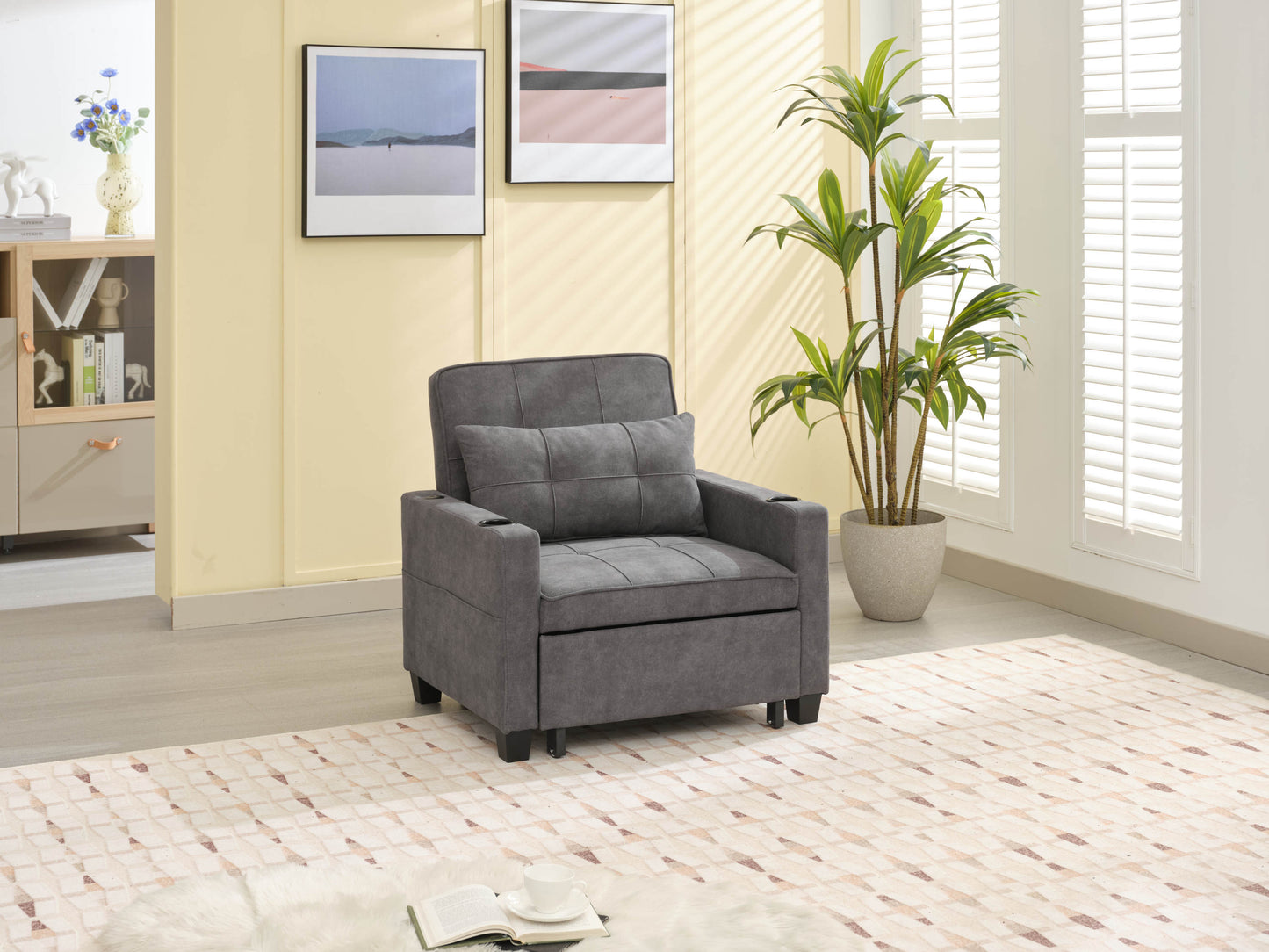 NEW Dark Grey Futon Bed Convertible Chair 3-in-1 Pull Out Sleeper Sofa with USB Ports