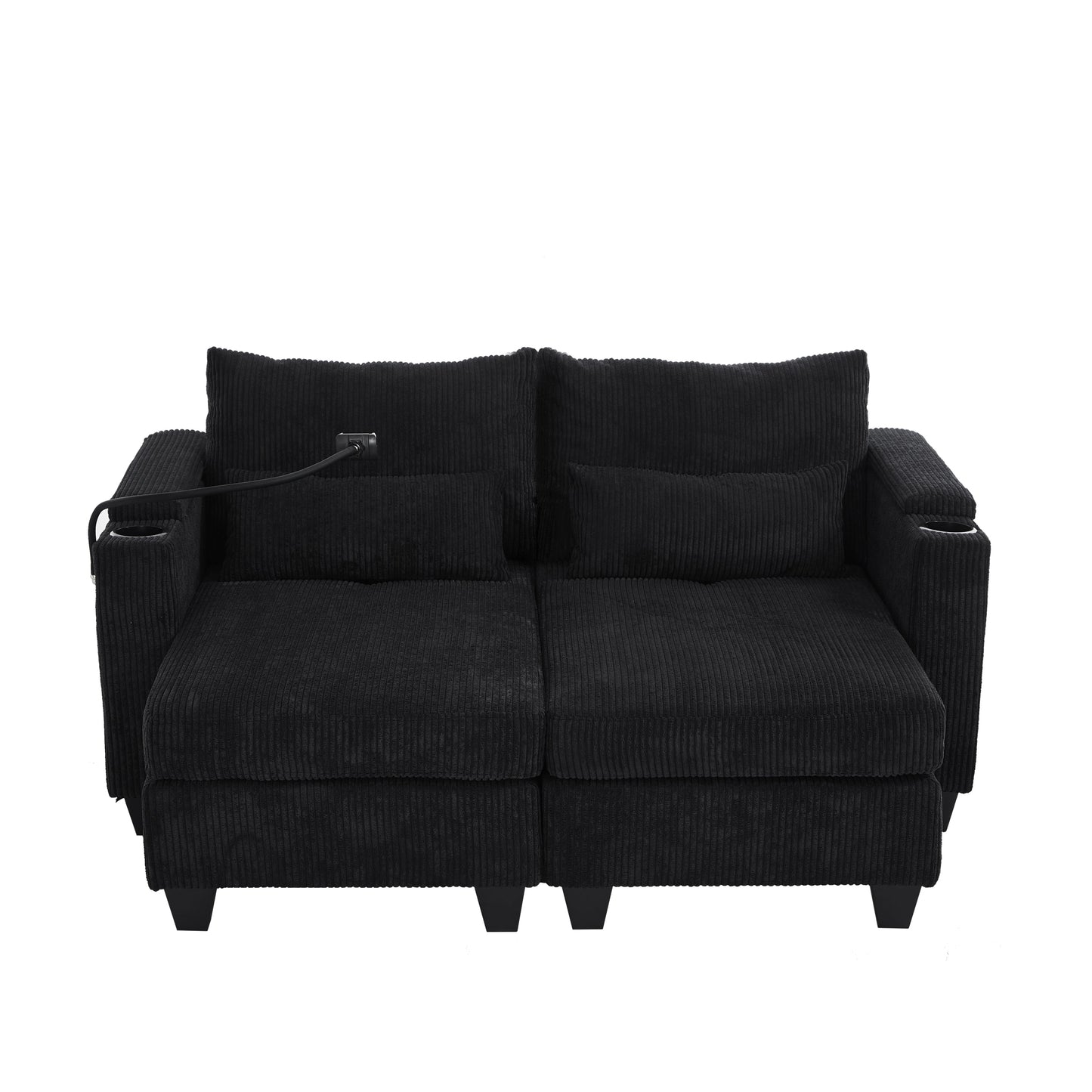 NEW Convertible Chaise Lounge 63' Loveseat Sofa Bed with USB Ports, Cup Holders, Phone Holder & Storage, Black Corduroy