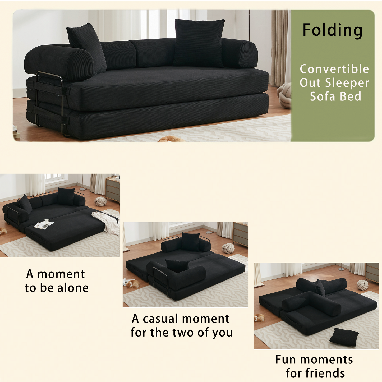 NEW  78.5' Folding Convertible Out Sleeper Sofa Bed,4-in-1 DIY Combination Convertible Sofa,3 seat, Folding  Sofa, King Size , Bedroom,Apartment,Corduroy,Black