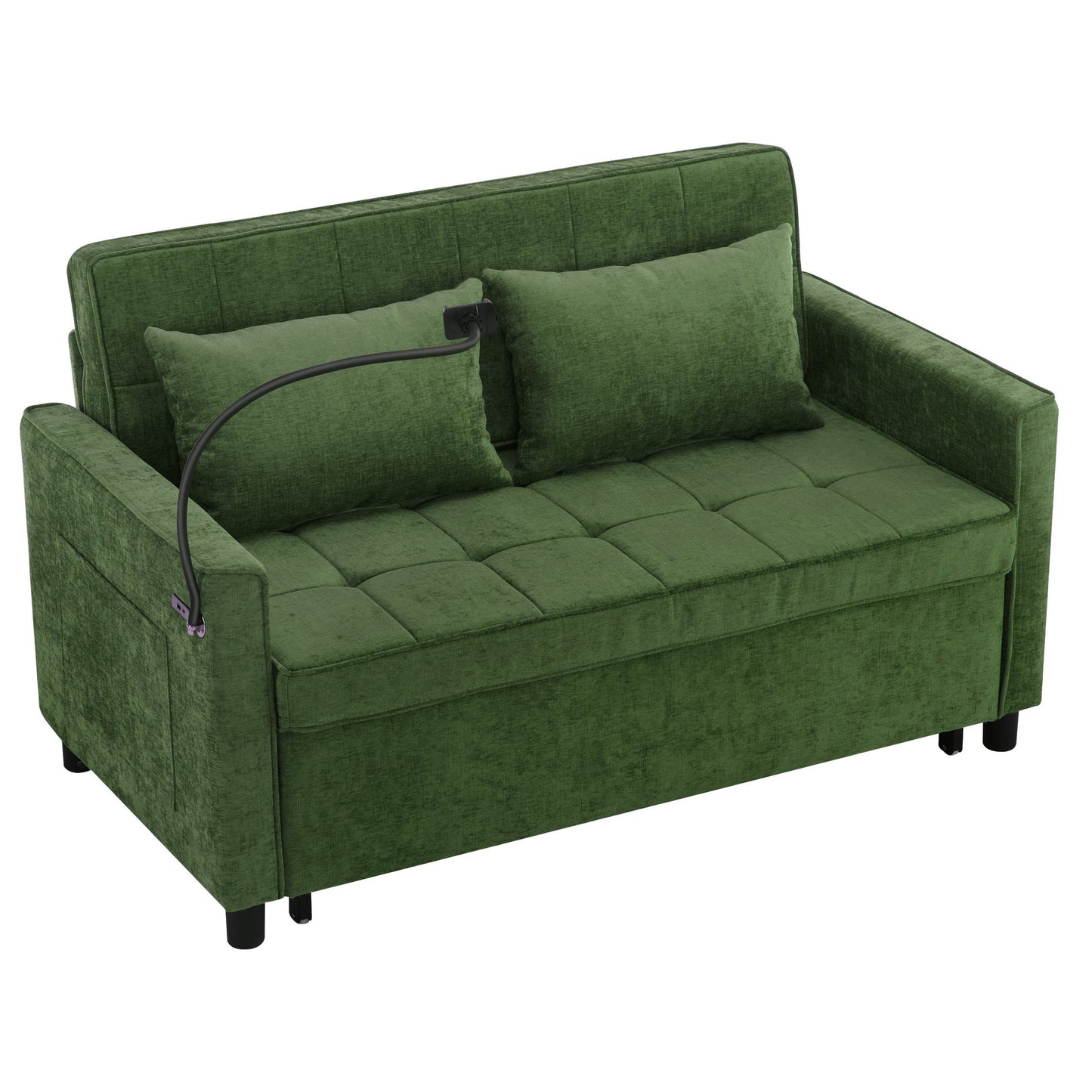 NEW 56.9' Convertible Loveseat Sofa Bed with Adjustable Backrest, USB Ports, Phone Holder, Side Pockets, Green Chenille,