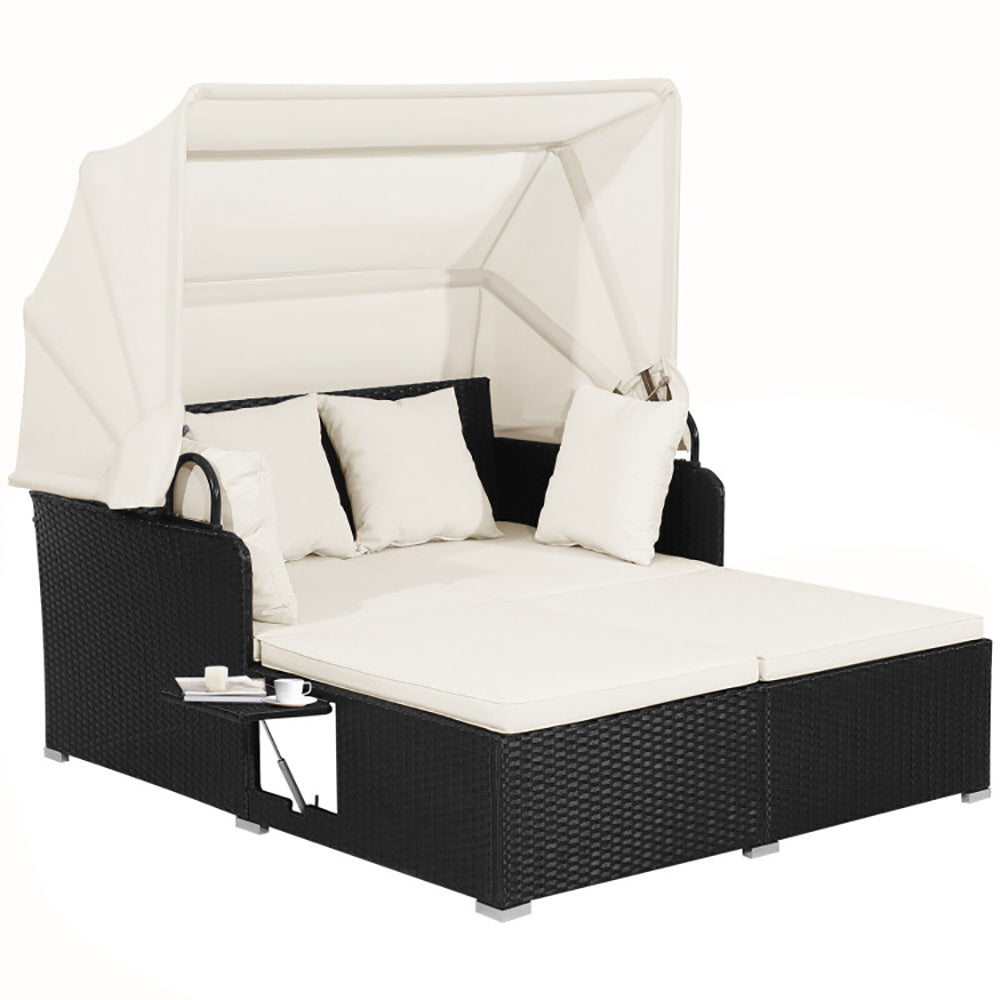 NEW Outdoor Patio Rattan Wicker Daybed With Retractable Canopy And Side Tables