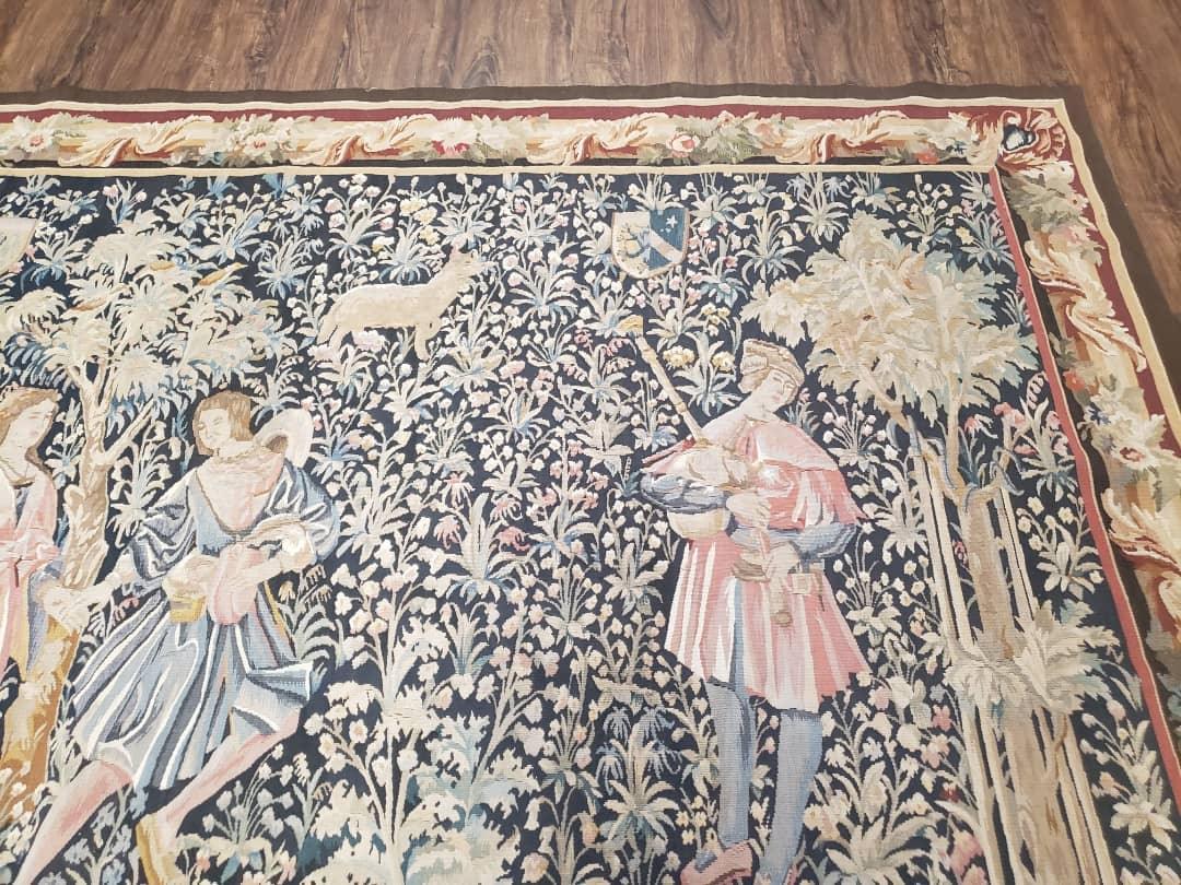 USED Vintage European Tapestry 5.4 x 7.11, Antique Style European Wall Hanging, Aubusson Weave Handmade Tapestry, Courtship Dating Scene, Animals