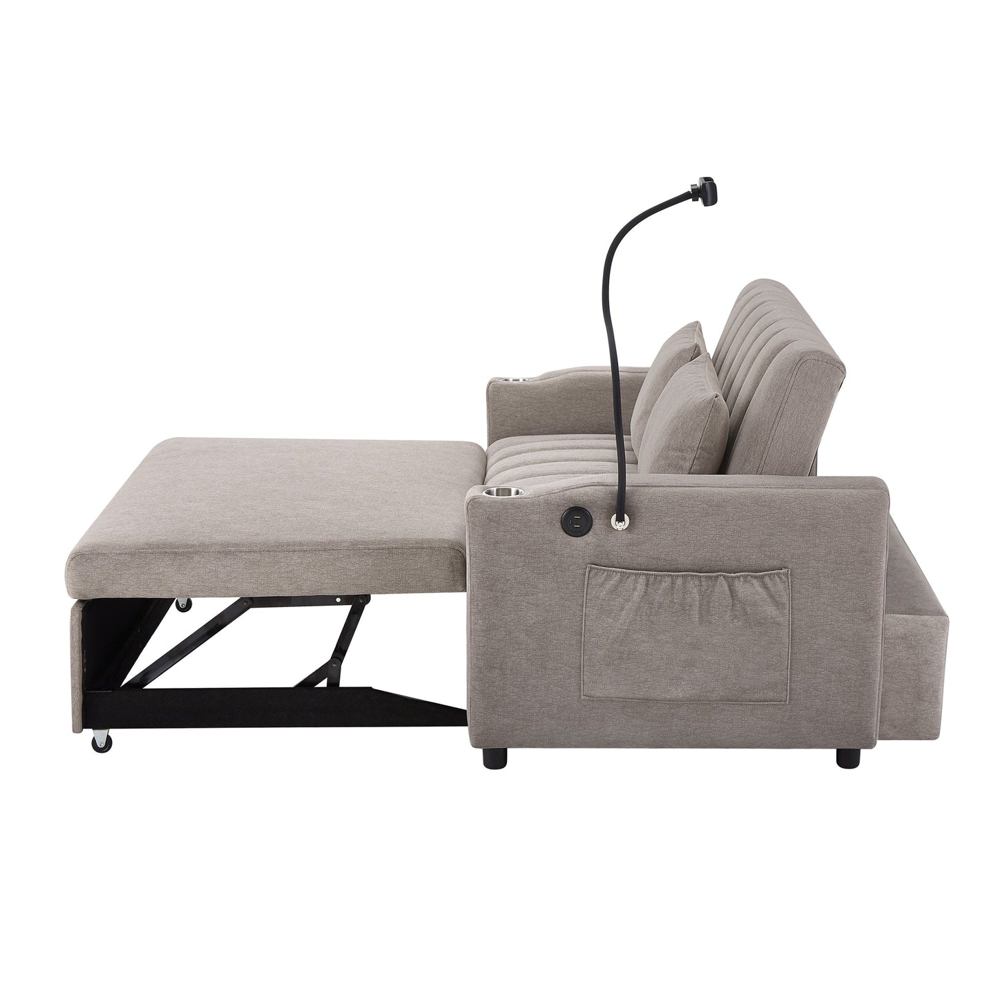 NEW Convertible Sofa Bed Loveseat with USB Ports, Side Pockets, Cup Holders & Swivel Phone Holder, Light Grey Bella Fabric