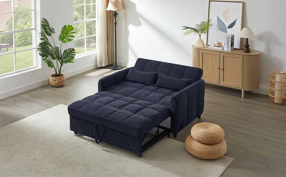 NEW Modern Loveseat Sofa Pull-out Bed with Adjustable Backrest, USB Ports, Lumbar Pillows, Blue Chenille, 52.8'