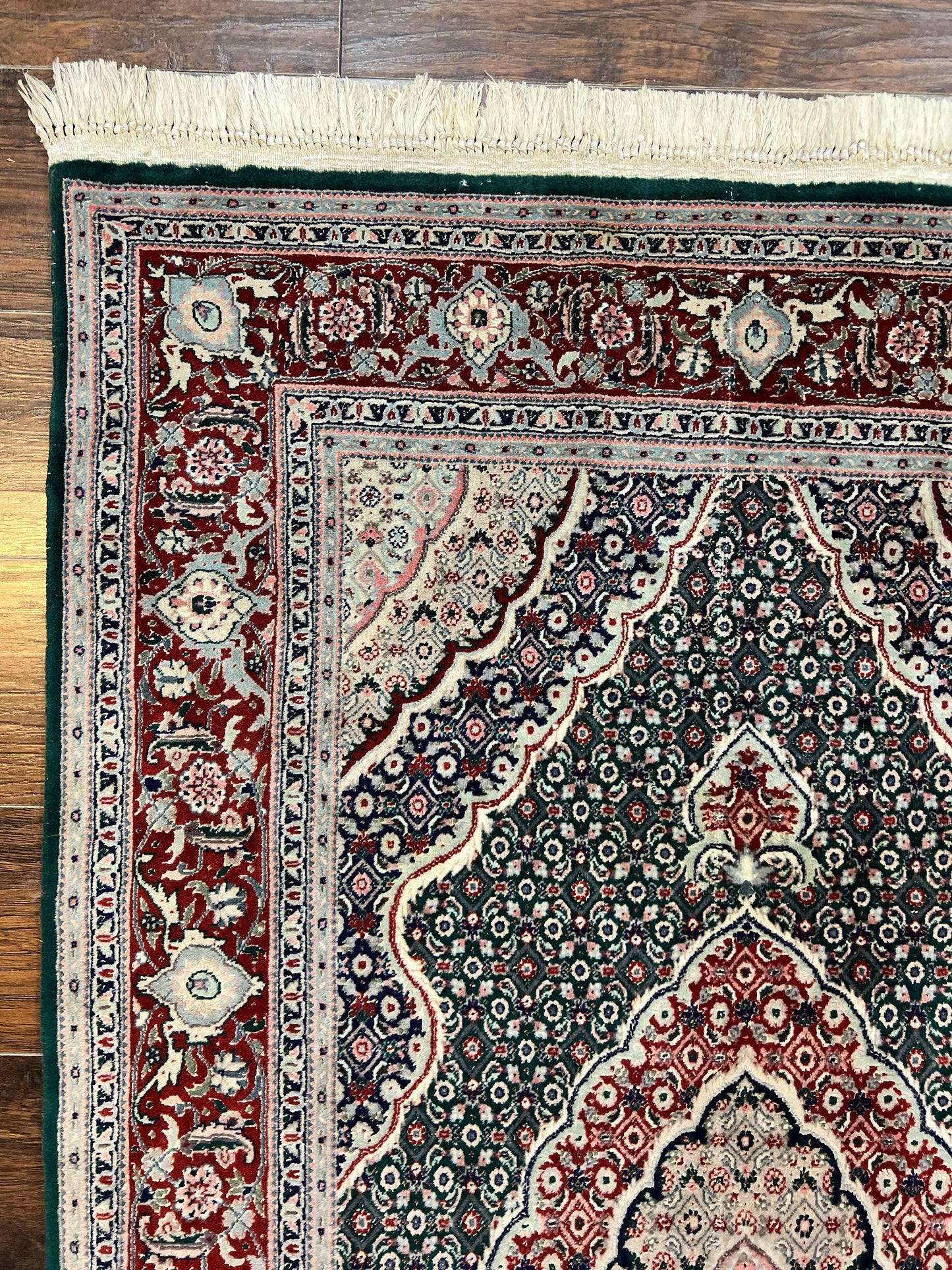 USED Sino Persian Rug 4x6, Wool with Silk Highlights, Fine Hand Knotted Carpet, Green & Maroon Red, Herati Medallion, Vintage Rug