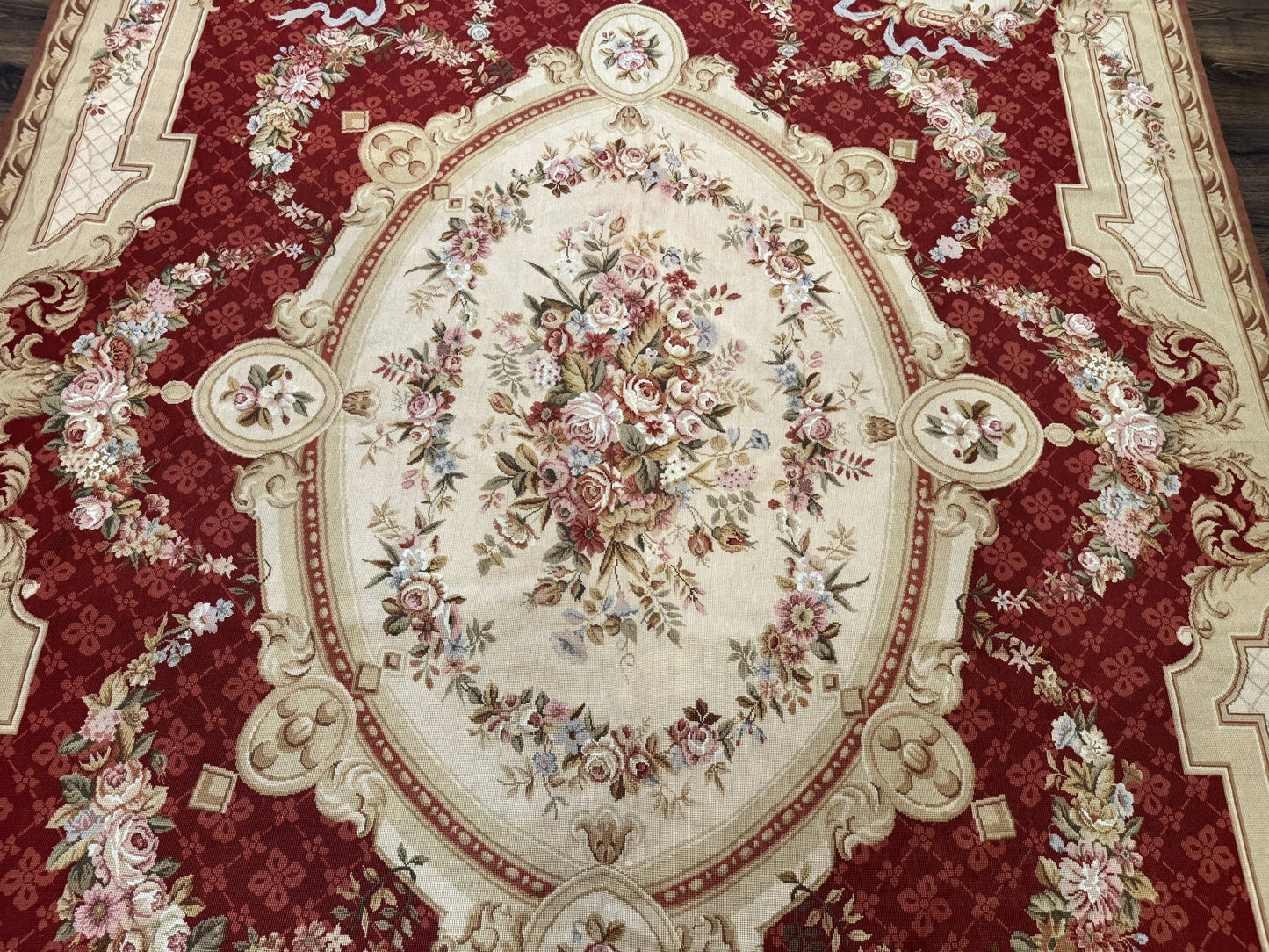 USED Aubusson Rug 8x11, Needlepoint Carpet, Red Ivory Beige, Vintage, French European Design