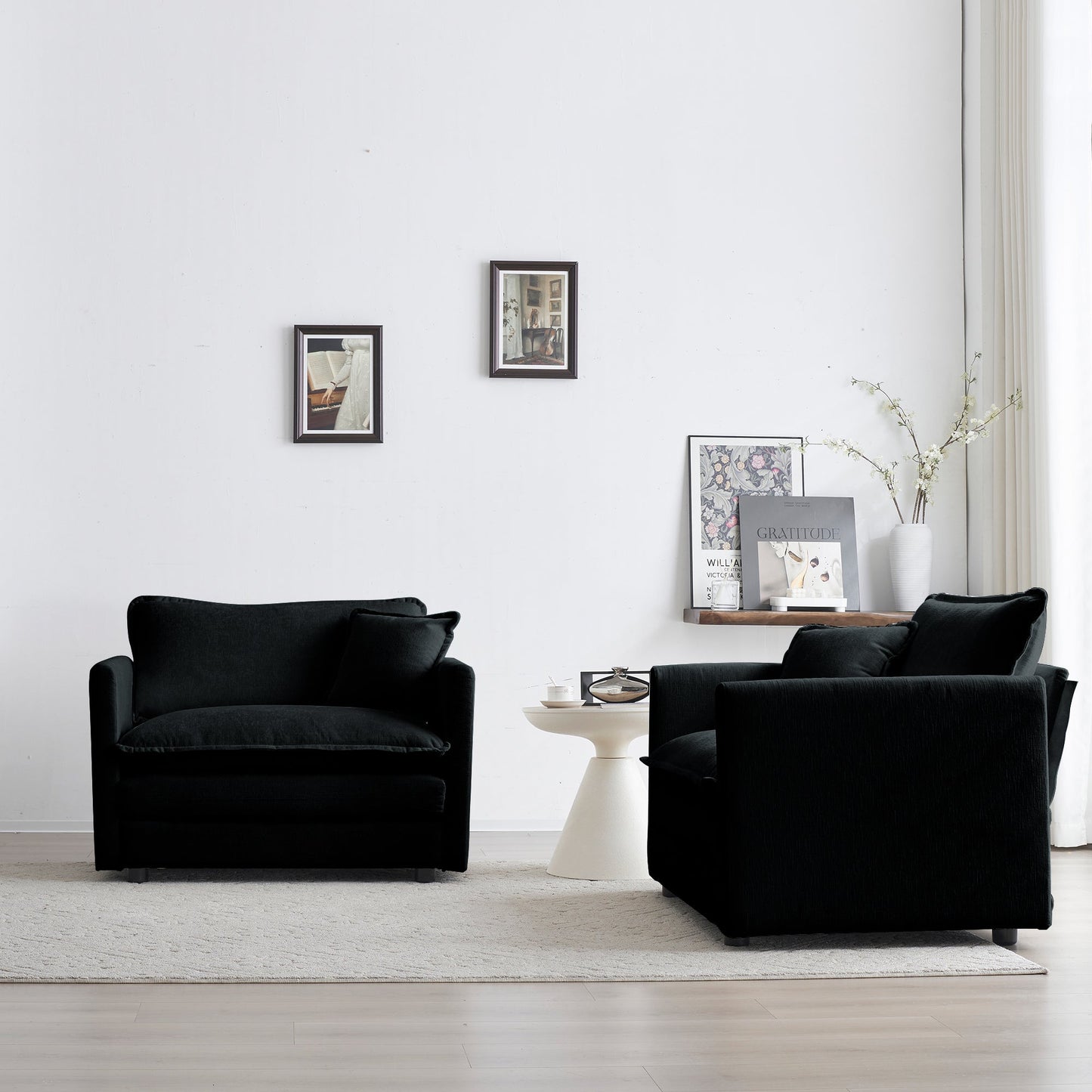NEW 2pc High-end Black Chenille Upholstered Accent Armchair Side Chair Set with Toss Pillow