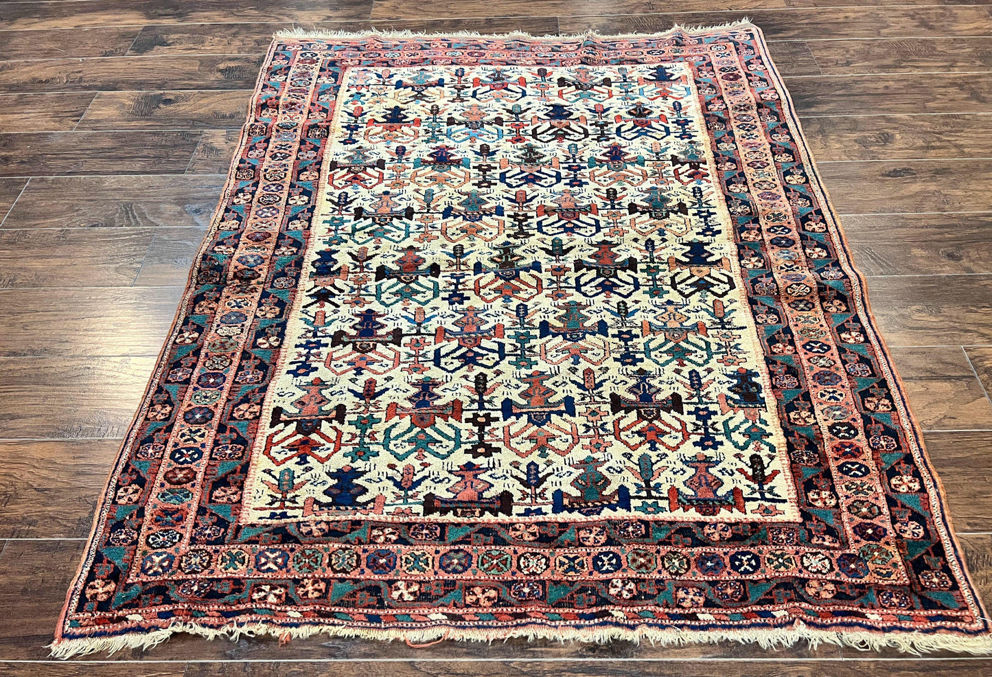 USED Persian Afshar Rug 5x6, Allover Repeated Motif, Wool Tribal Carpet, Handmade Semi Antique Rug