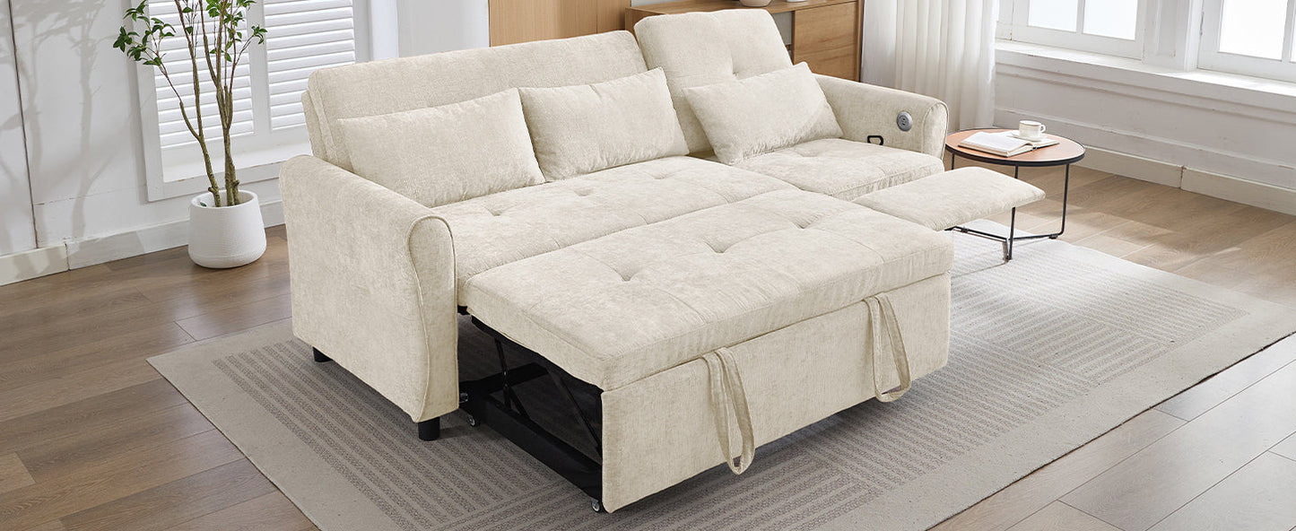 NEW Beige 82' Chenille Upholstered Two-in-One  Three-Seat Sofa with Pull-out Bed