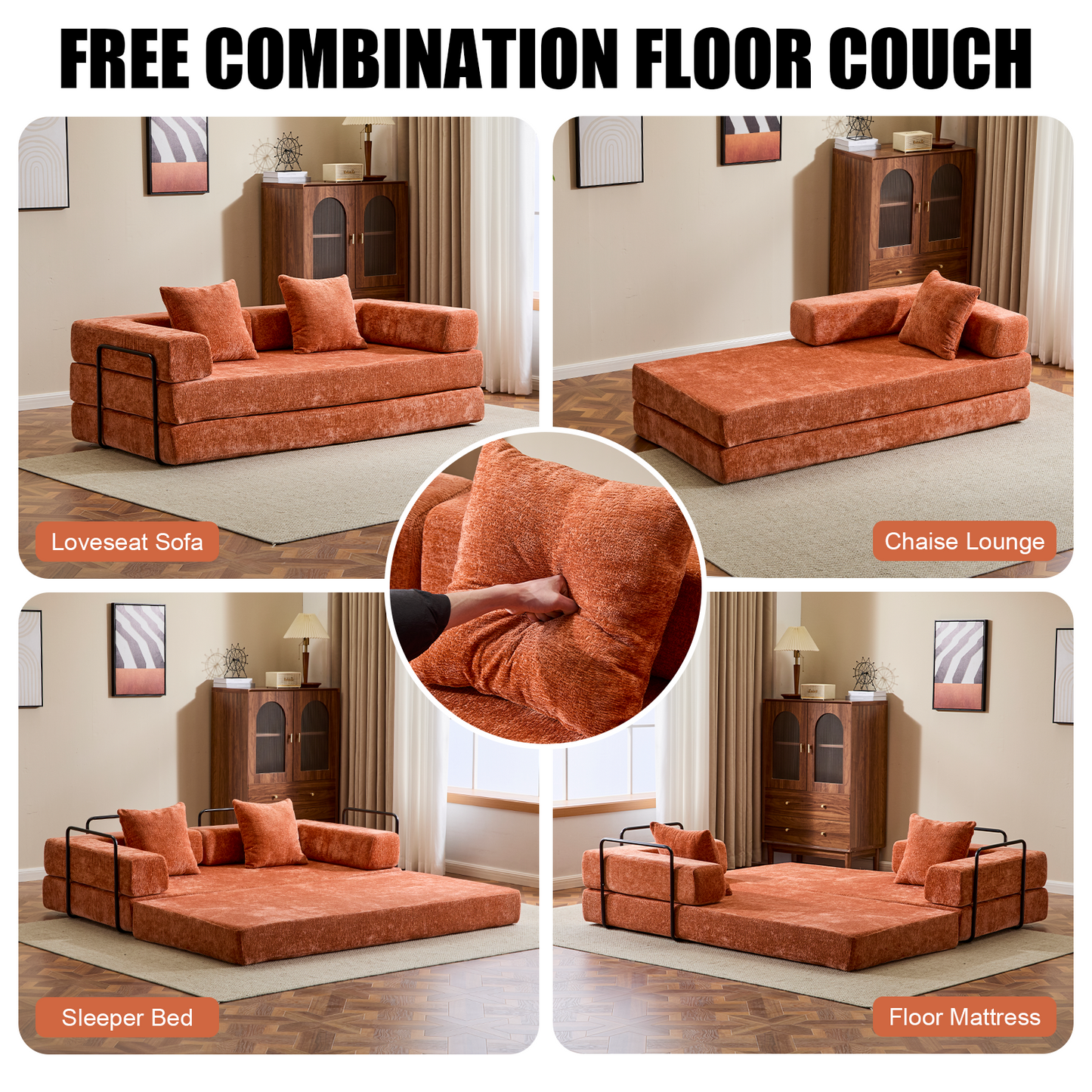NEW Orange Chenille Fabric Comfy Futon Couch Lounge Sleeper Compression Convertible Floor Sofa Bed Couch with Pillow Back Support Armrest Bed