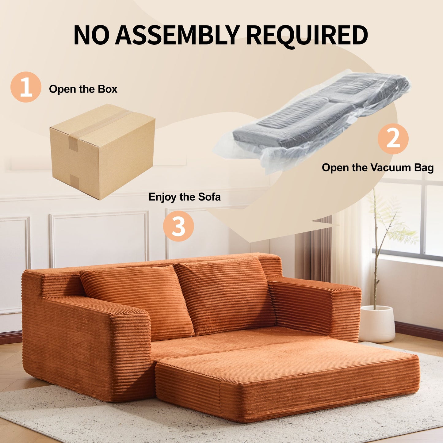 NEW Loveseat Sofa, Comfortable Deep Seat Sofa Bed, Modern Small Corduroy Couch for Living Room Bedroom,Reversible Cushion with Pillows,No Assembly Required,Orange