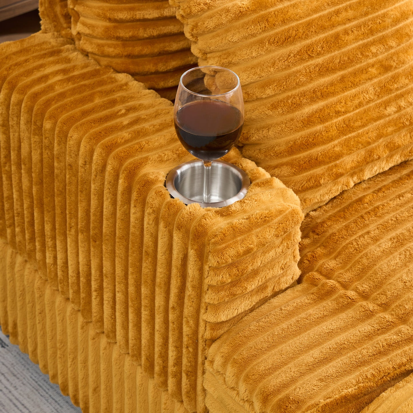 NEW 39-inch Corduroy Fabric Spring Upholstered Comfortable Single Sofa Armchair and Ottoman Set with Cup Holder