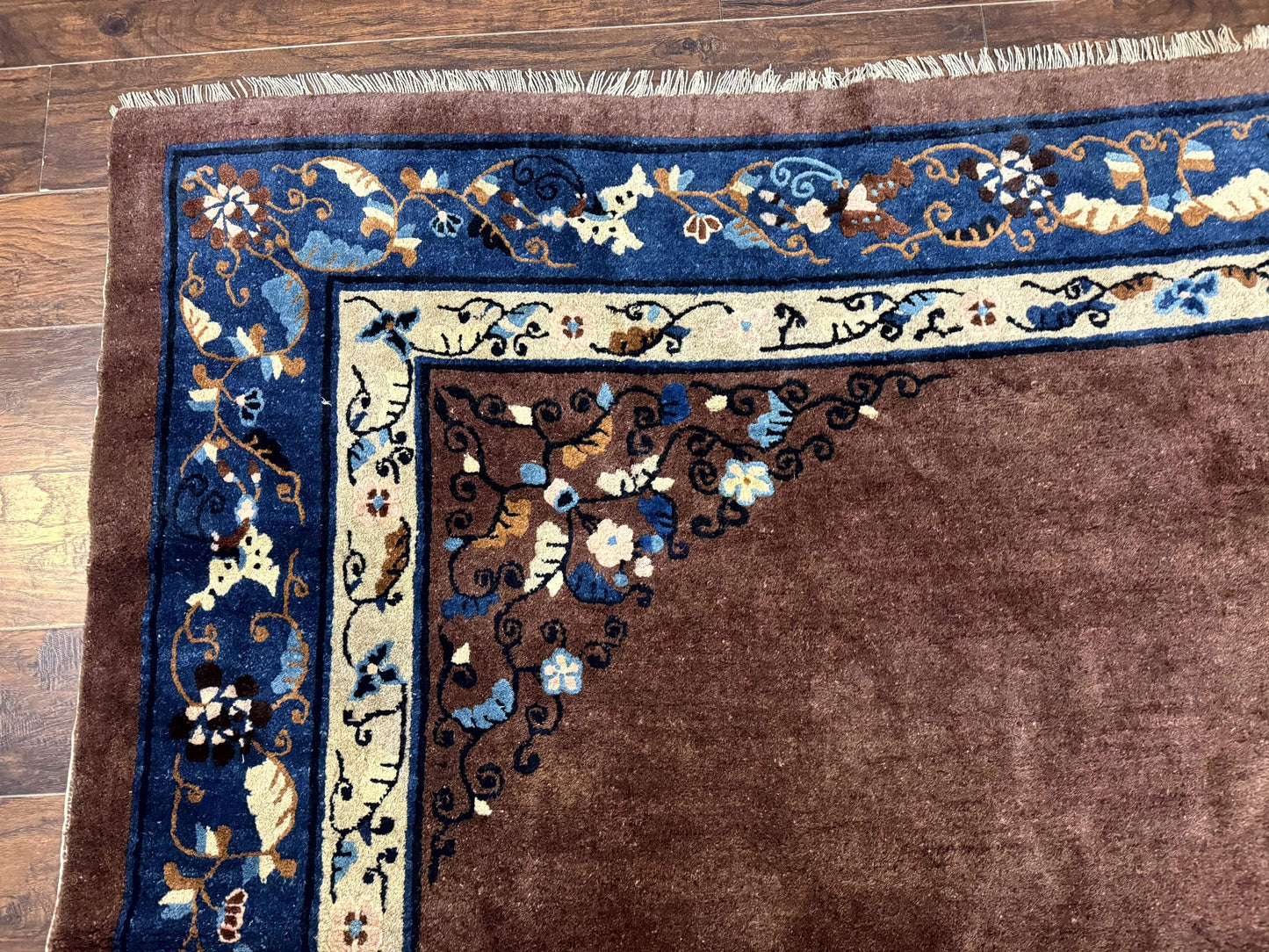 USED Antique Chinese Wool Rug 9x11, Large Chinese Art Deco Rug, Peking Rug, Brown and Blue, Open Field, Fete Rug