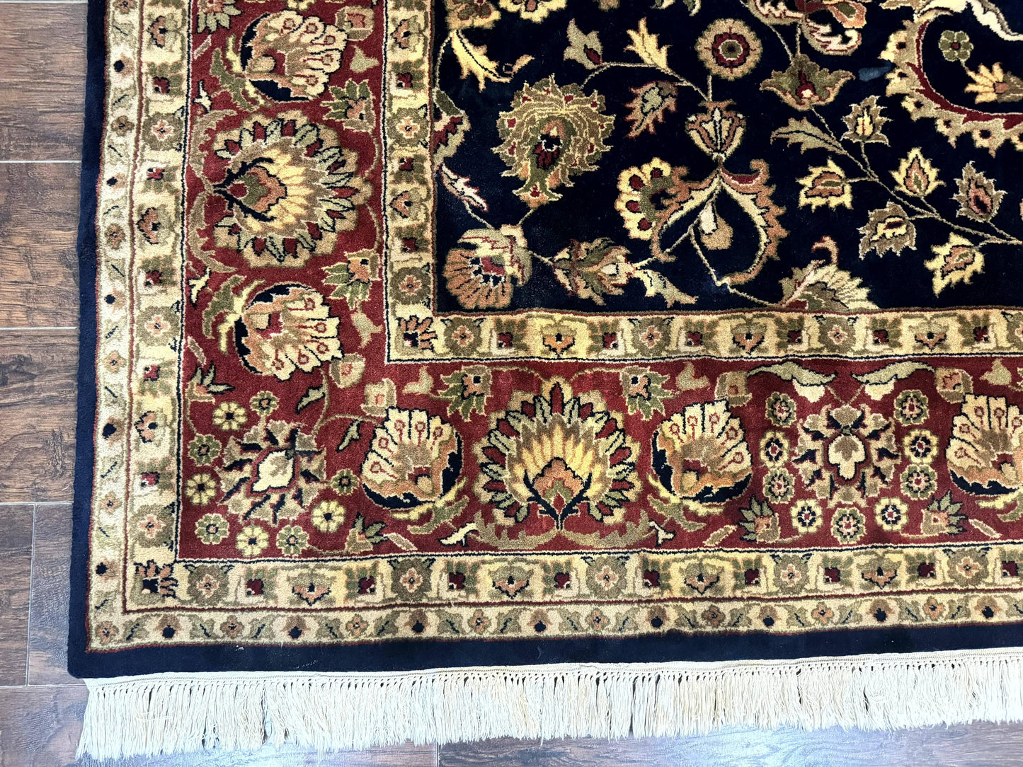 USED Indo Persian Rug 8x10, Navy Blue and Red, Floral Allover, Hand Knotted Vintage Wool Carpet, Indo Sarouk