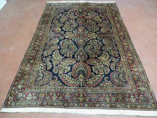 USED Antique Persian Sarouk Rug 4x6, Hand Knotted 1920s Oriental Carpet 4 x 6 ft, Navy Blue and Red Wool Rug, Handmade Floral Allover Persian Area Rug