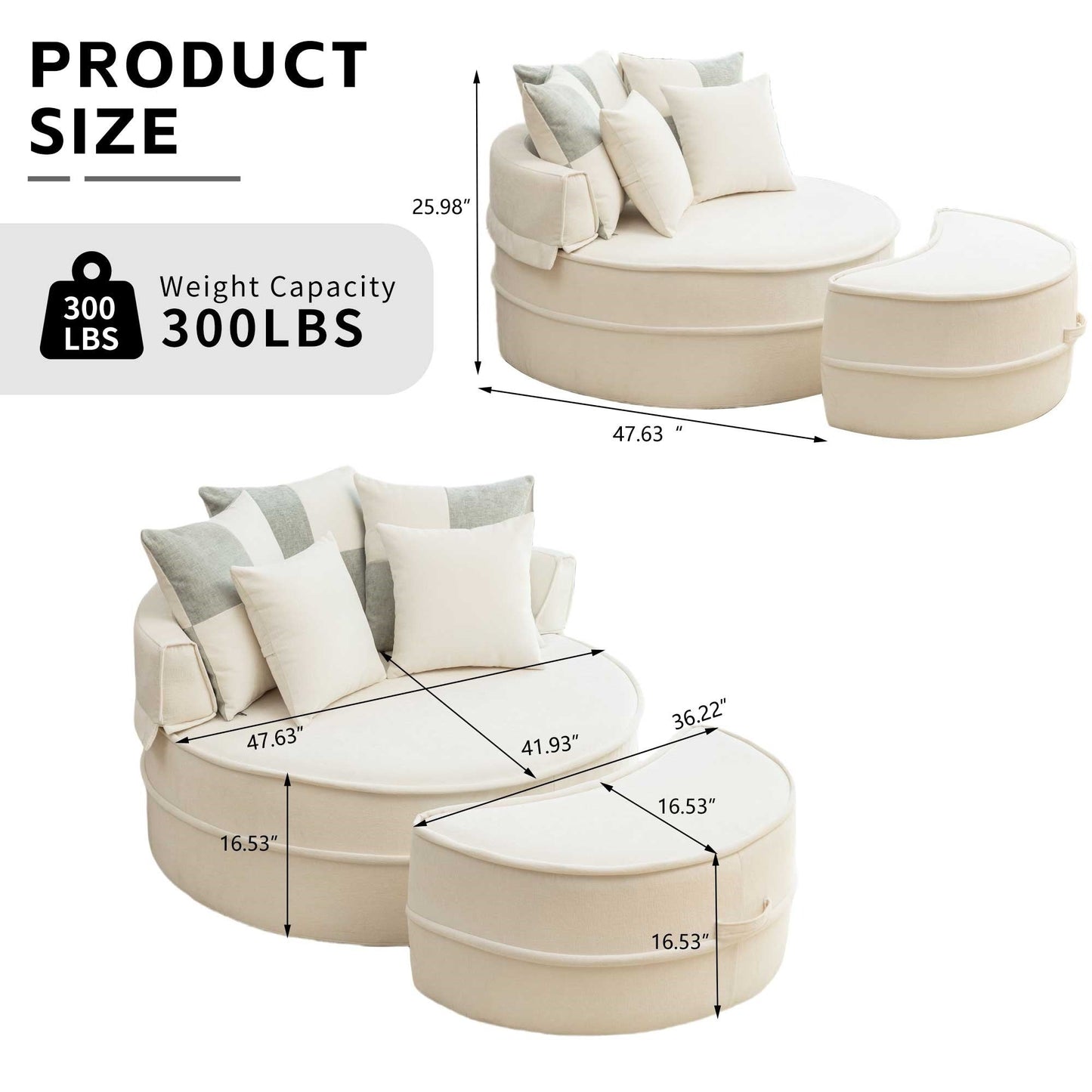 NEW Modern Oversized Beige Round Barrel Velvet Upholstered Lounge Armchair Accent Chair with Ottoman and 5 Pillows
