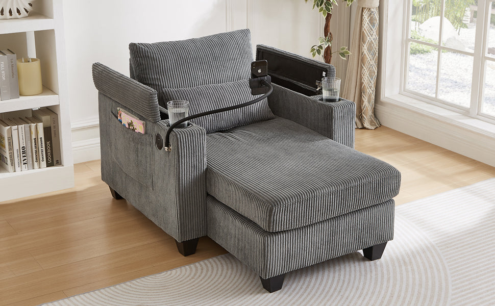 NEW Convertible Chaise Lounge Sofa Chair Corduroy Sleeper with USB Ports Cup Holders and Storage