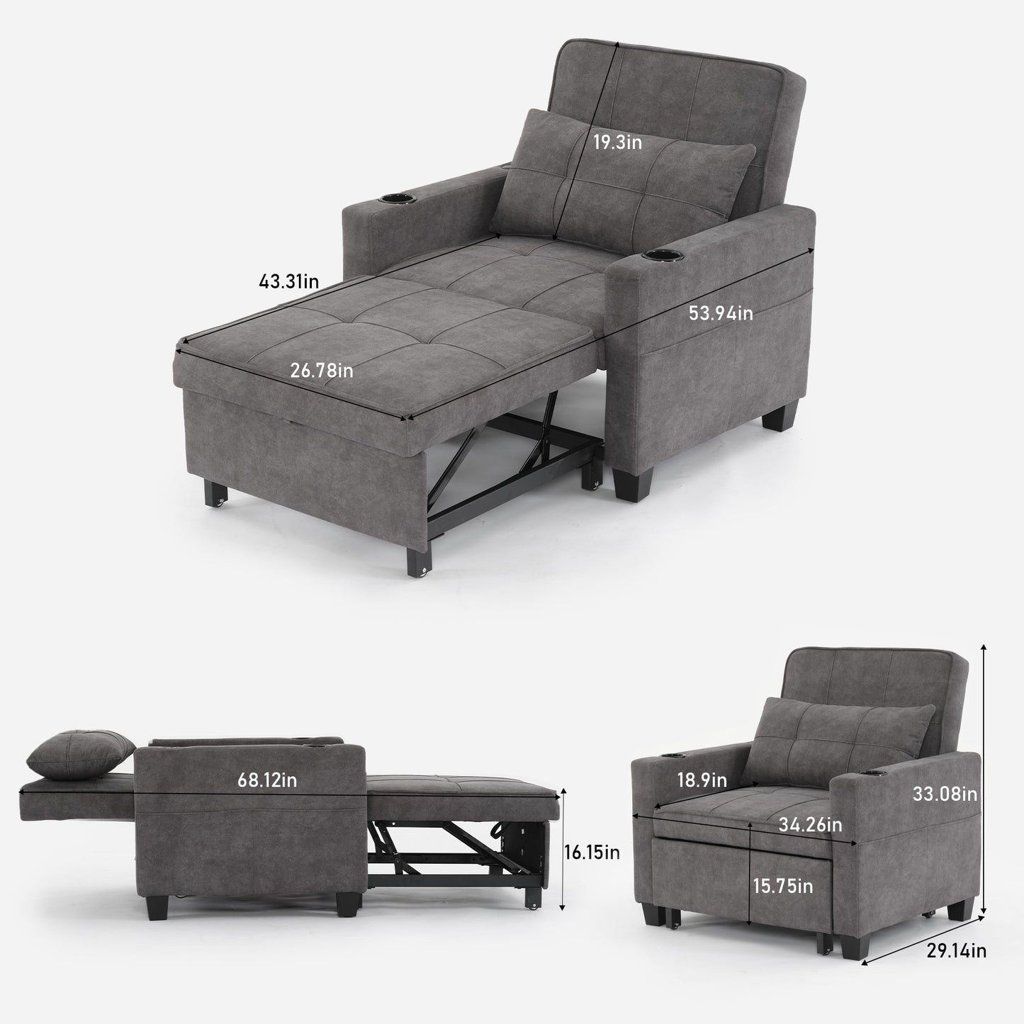 NEW Dark Grey Futon Bed Convertible Chair 3-in-1 Pull Out Sleeper Sofa with USB Ports