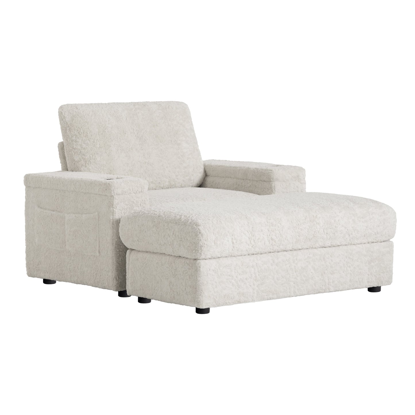 NEW Luxurious Faux Rabbit Fur Oversized Chaise Lounge Sofa Bed with Storage Ottoman Armrests and Cup Holders